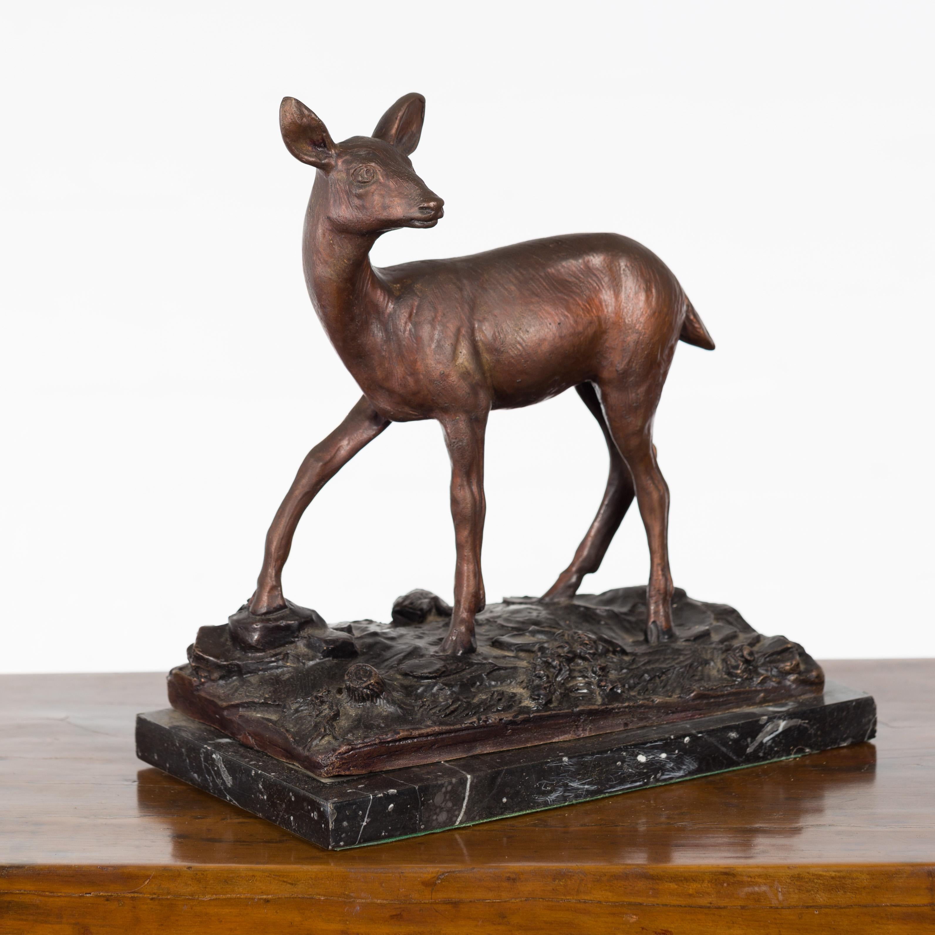 Vintage Lost Wax Cast Bronze Statuette of a Deer Mounted on Marble Base For Sale 4