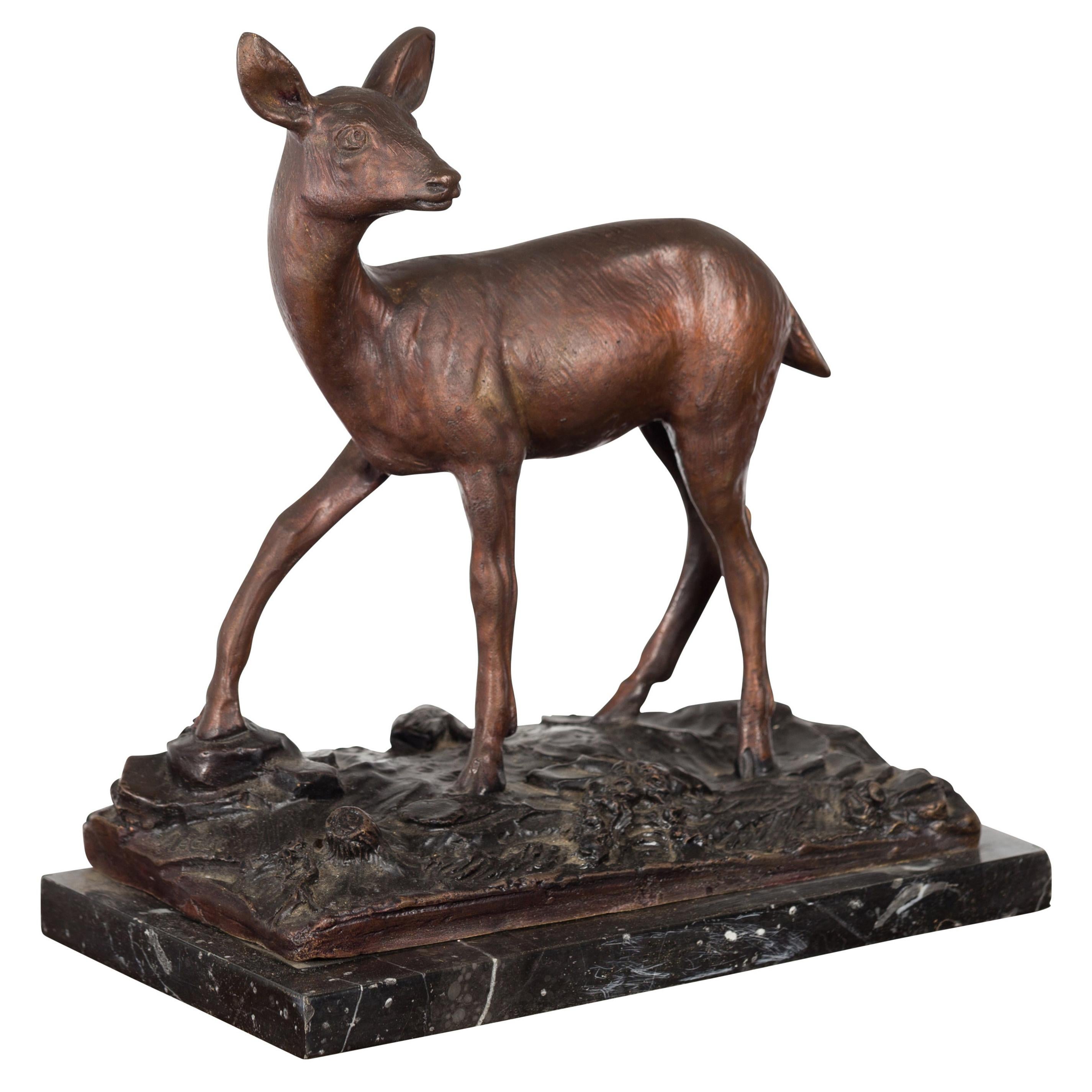 Vintage Lost Wax Cast Bronze Statuette of a Deer Mounted on Marble Base For Sale