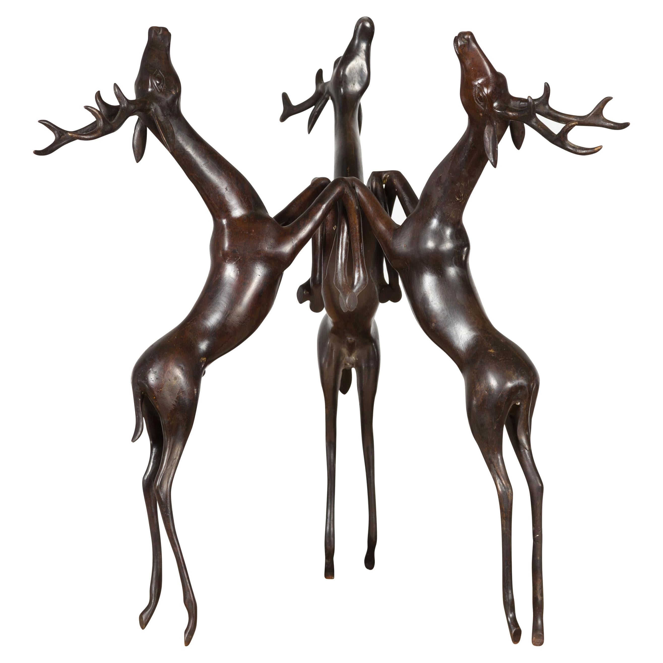 Vintage Lost Wax Cast Bronze Triple Deer Low Table Base with Dark Bronze Patina For Sale
