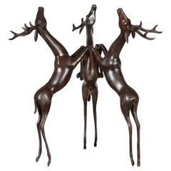 Base per tavolo basso vintage in bronzo a cera persa con triplo cervo e patina di bronzo scuro