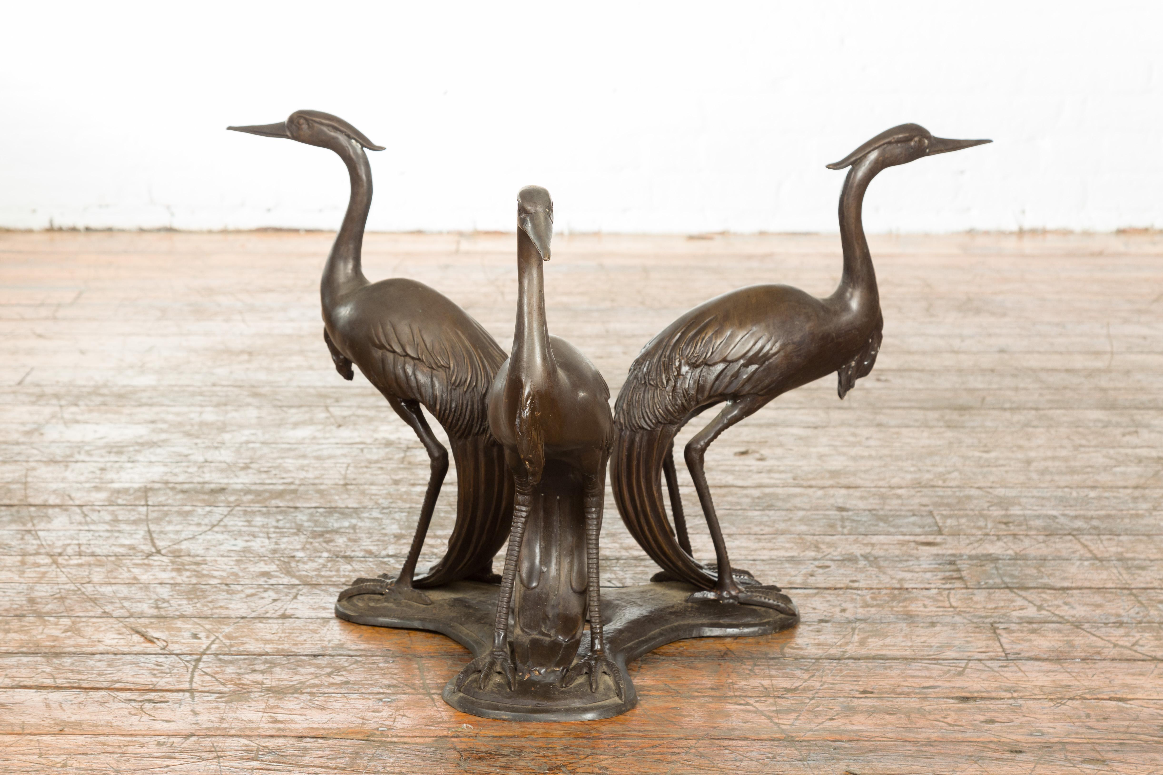 Vintage Lost Wax Cast Bronze Triple Heron Coffee Table Base with Dark Patina For Sale 7