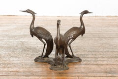 Vintage Lost Wax Cast Bronze Triple Heron Coffee Table Base with Dark Patina
