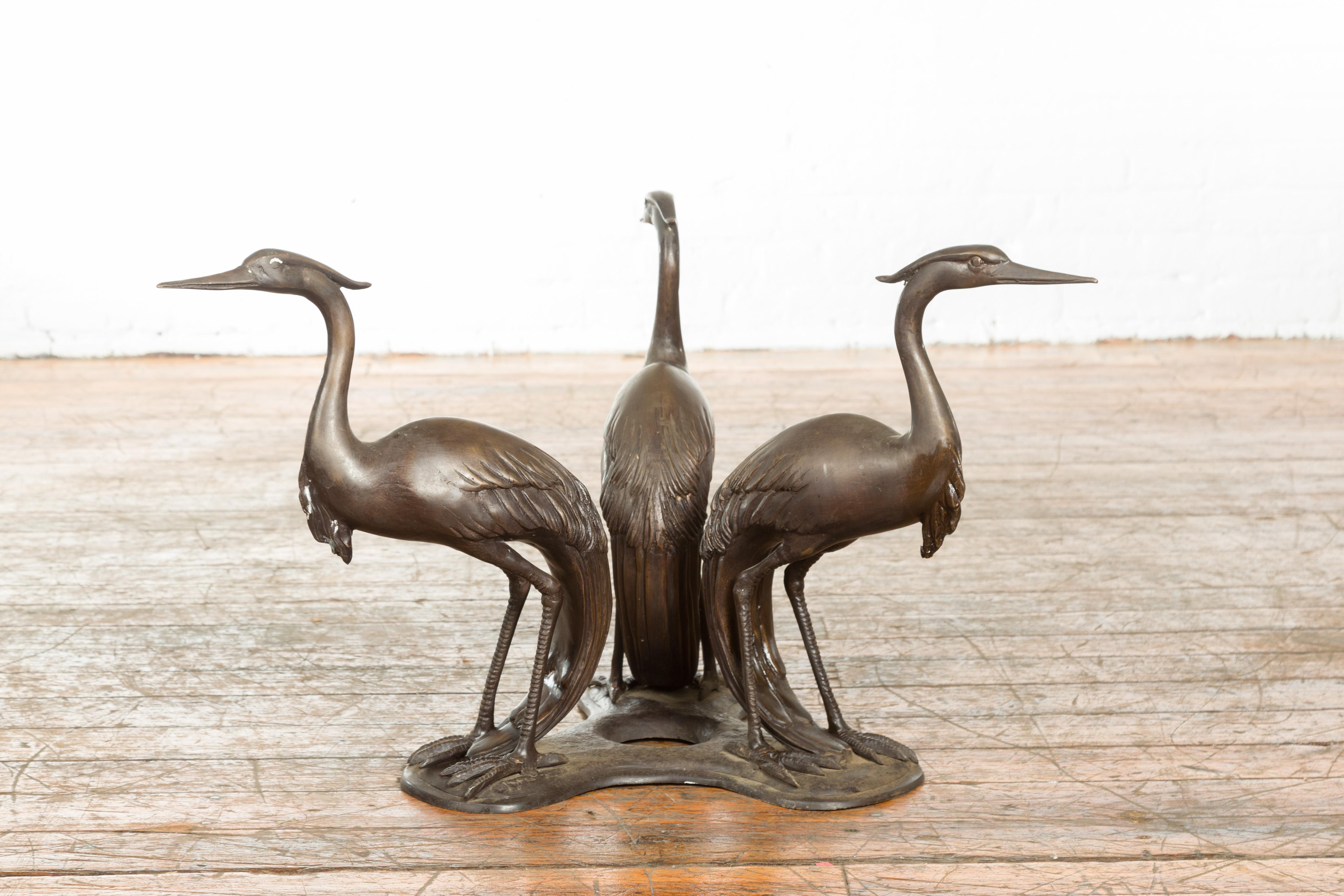 20th Century Vintage Lost Wax Cast Bronze Triple Heron Coffee Table Base with Dark Patina For Sale