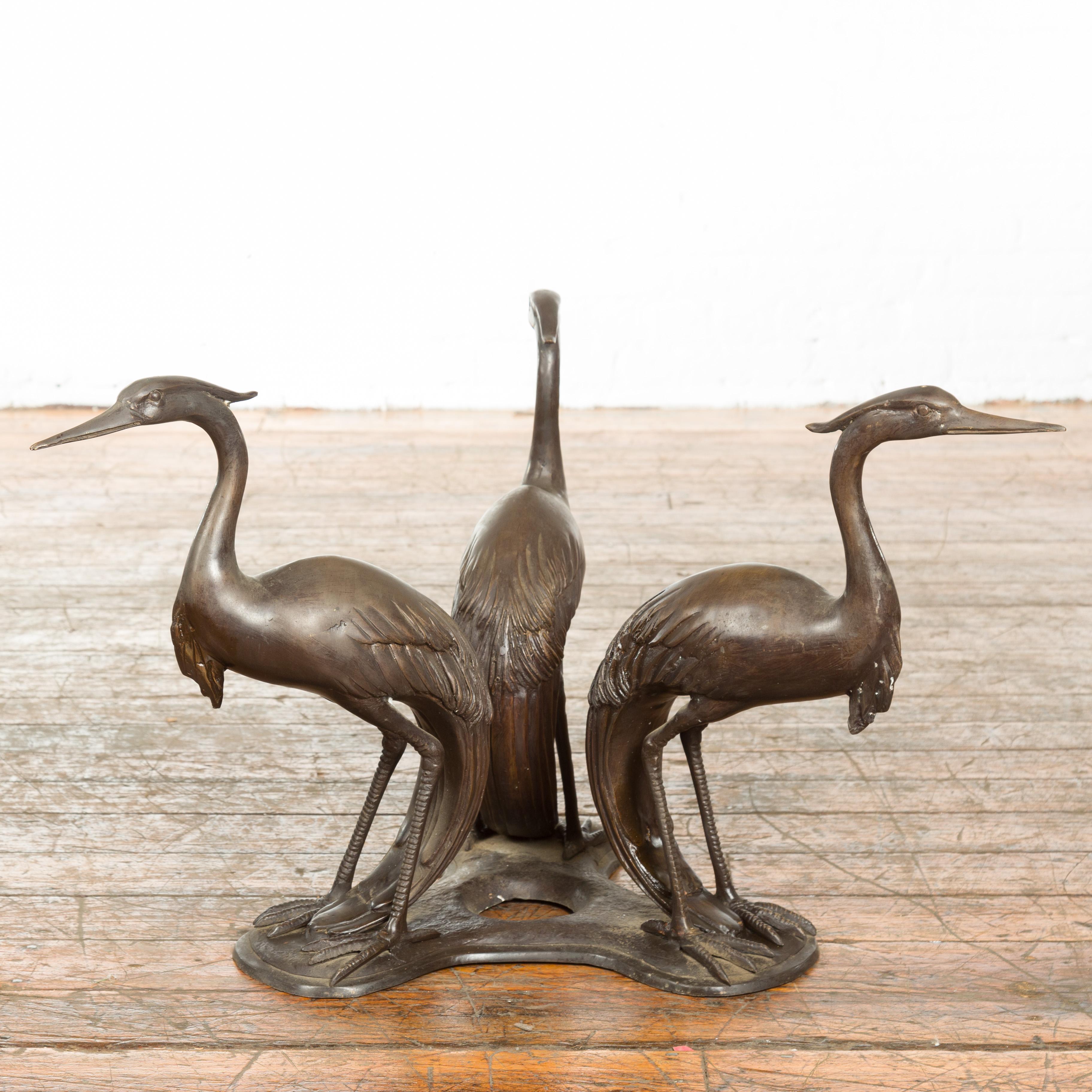 Vintage Lost Wax Cast Bronze Triple Heron Coffee Table Base with Dark Patina For Sale 4