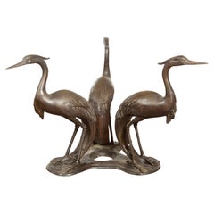 Vintage Lost Wax Cast Bronze Triple Heron Coffee Table Base with Dark Patina