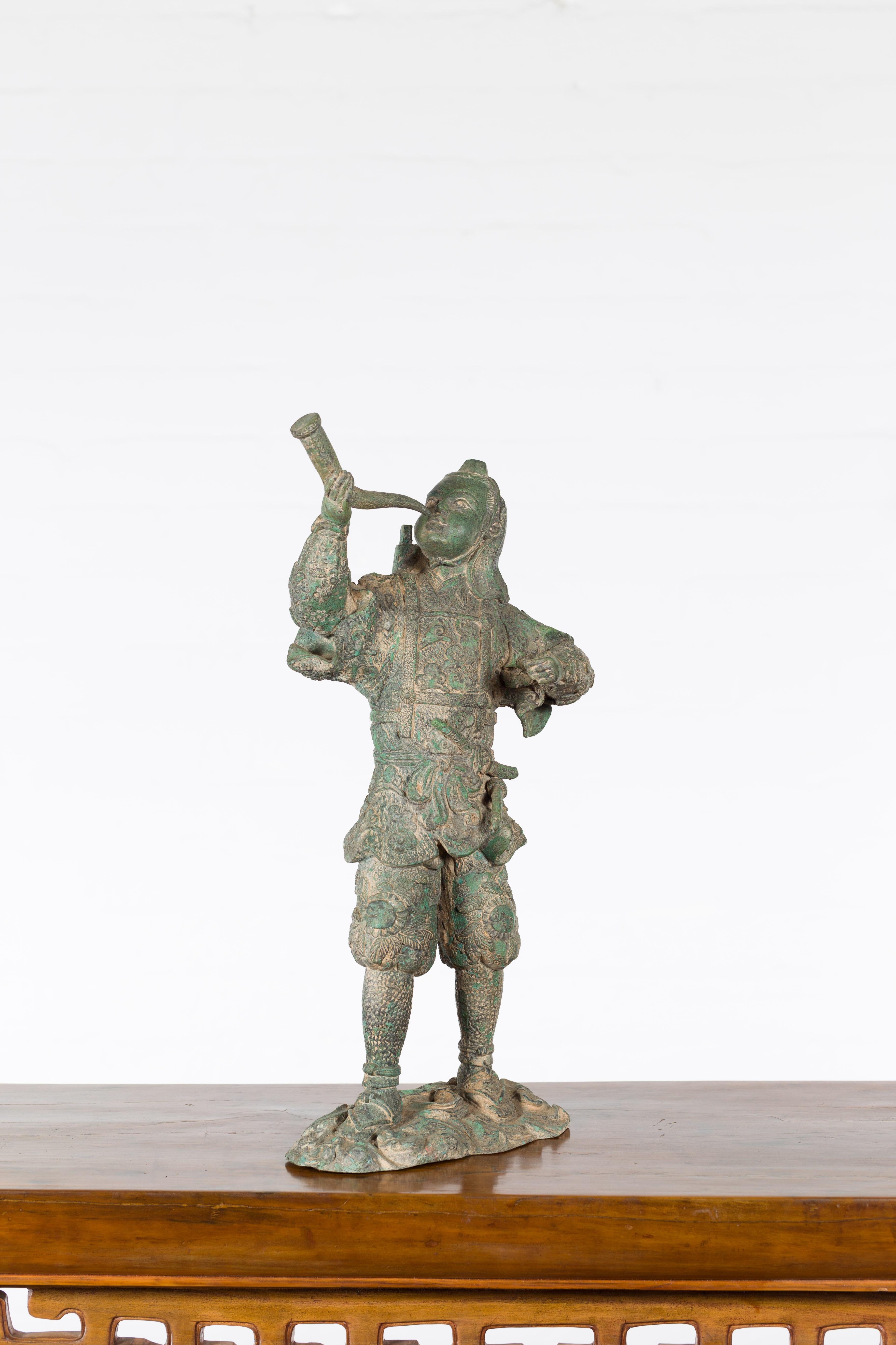 Vintage Lost Wax Cast Verde Bronze Statuette of a Soldier Holding a Horn For Sale 6