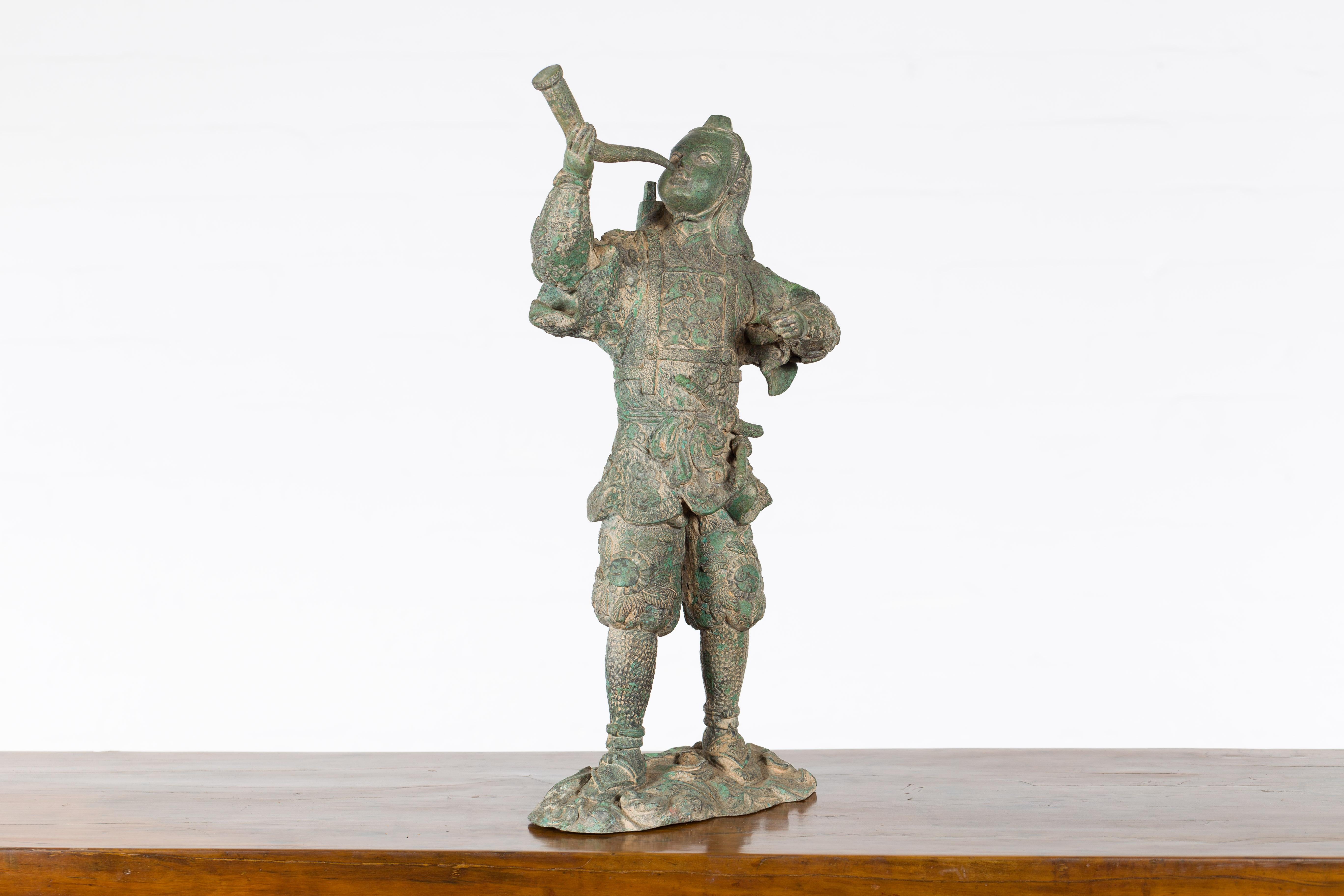 Vintage Lost Wax Cast Verde Bronze Statuette of a Soldier Holding a Horn For Sale 7