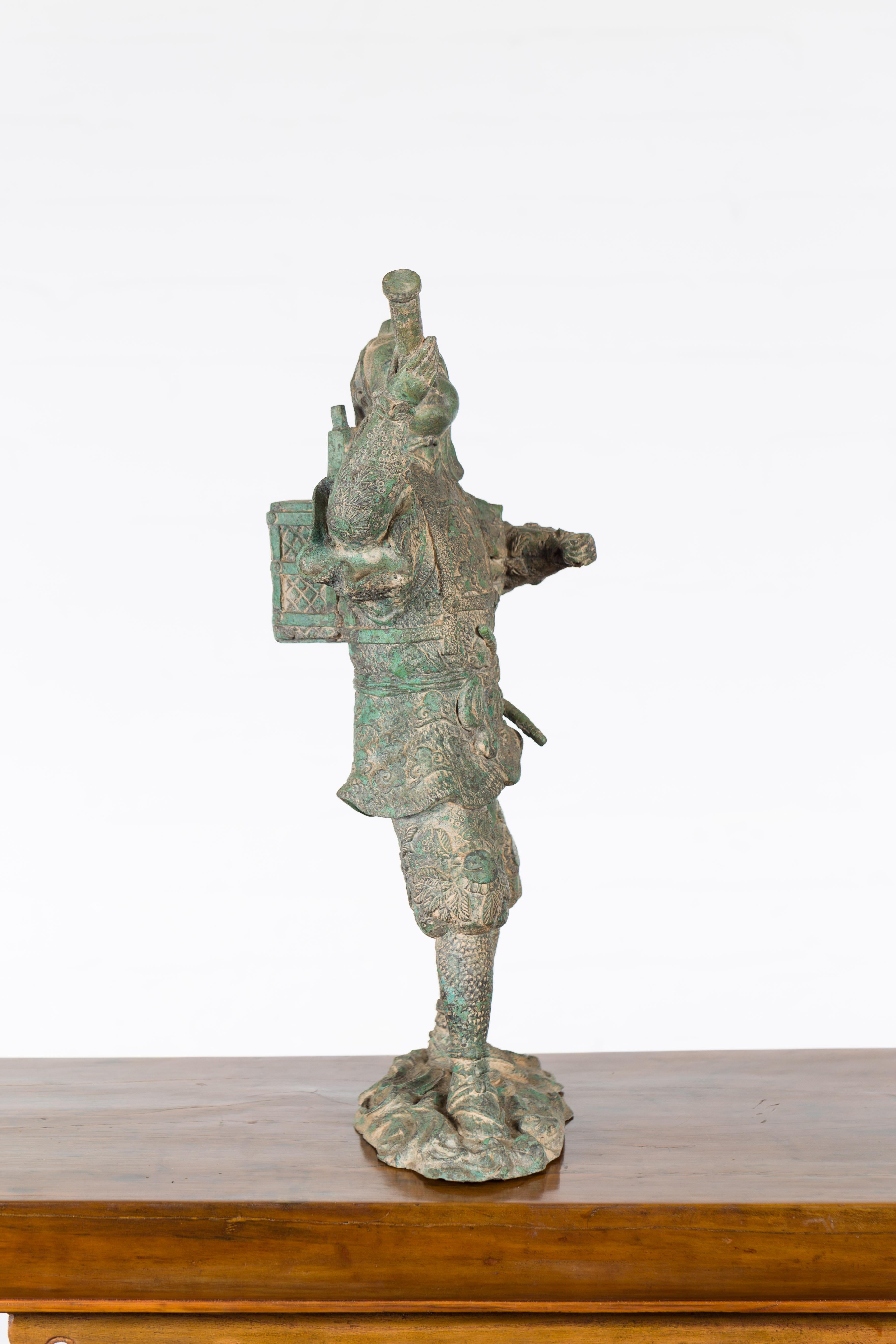 Vintage Lost Wax Cast Verde Bronze Statuette of a Soldier Holding a Horn For Sale 9