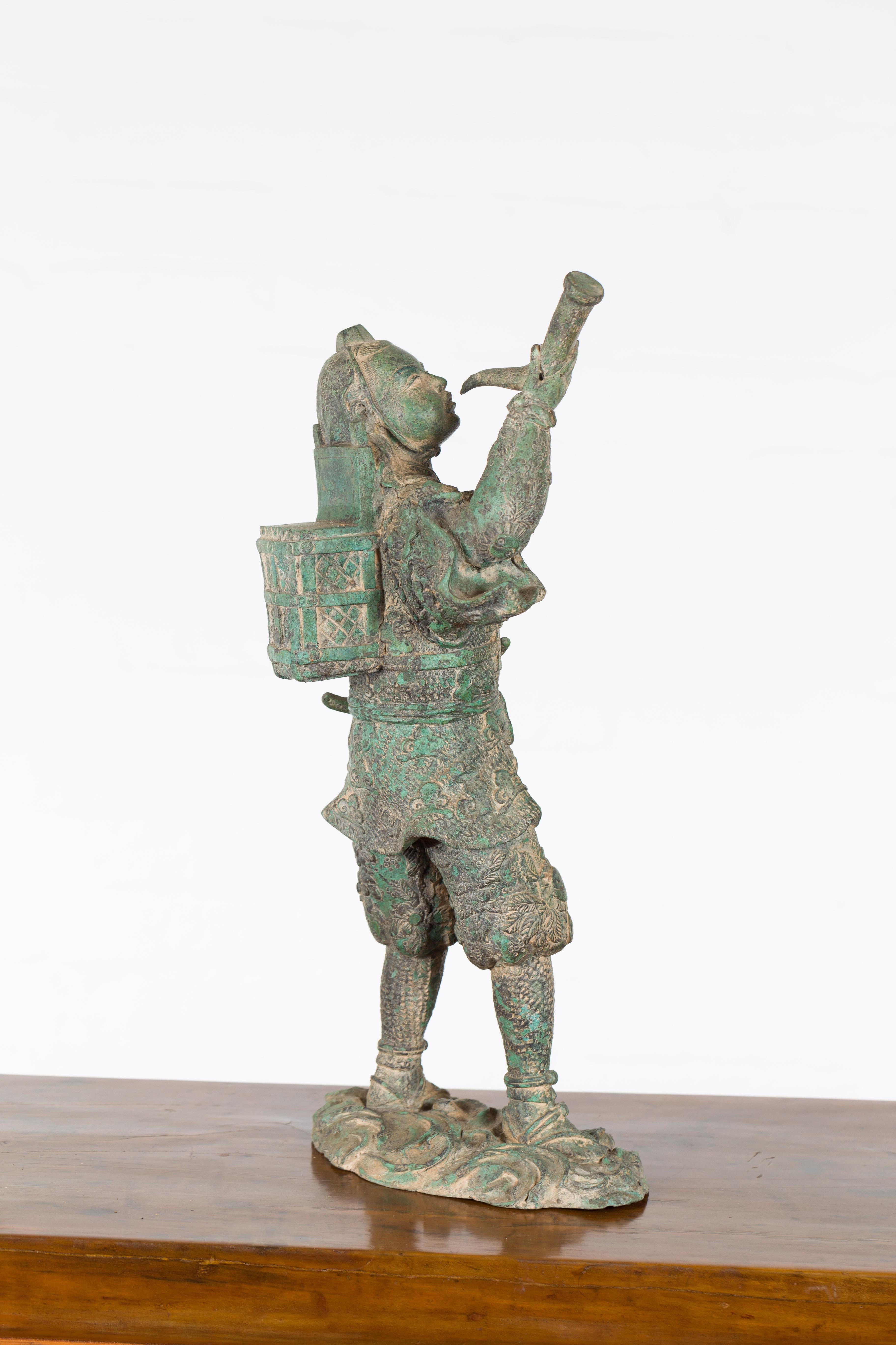 Vintage Lost Wax Cast Verde Bronze Statuette of a Soldier Holding a Horn For Sale 12