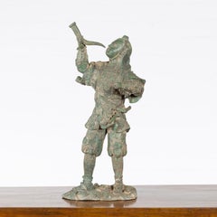 Vintage Lost Wax Cast Verde Bronze Statuette of a Soldier Holding a Horn