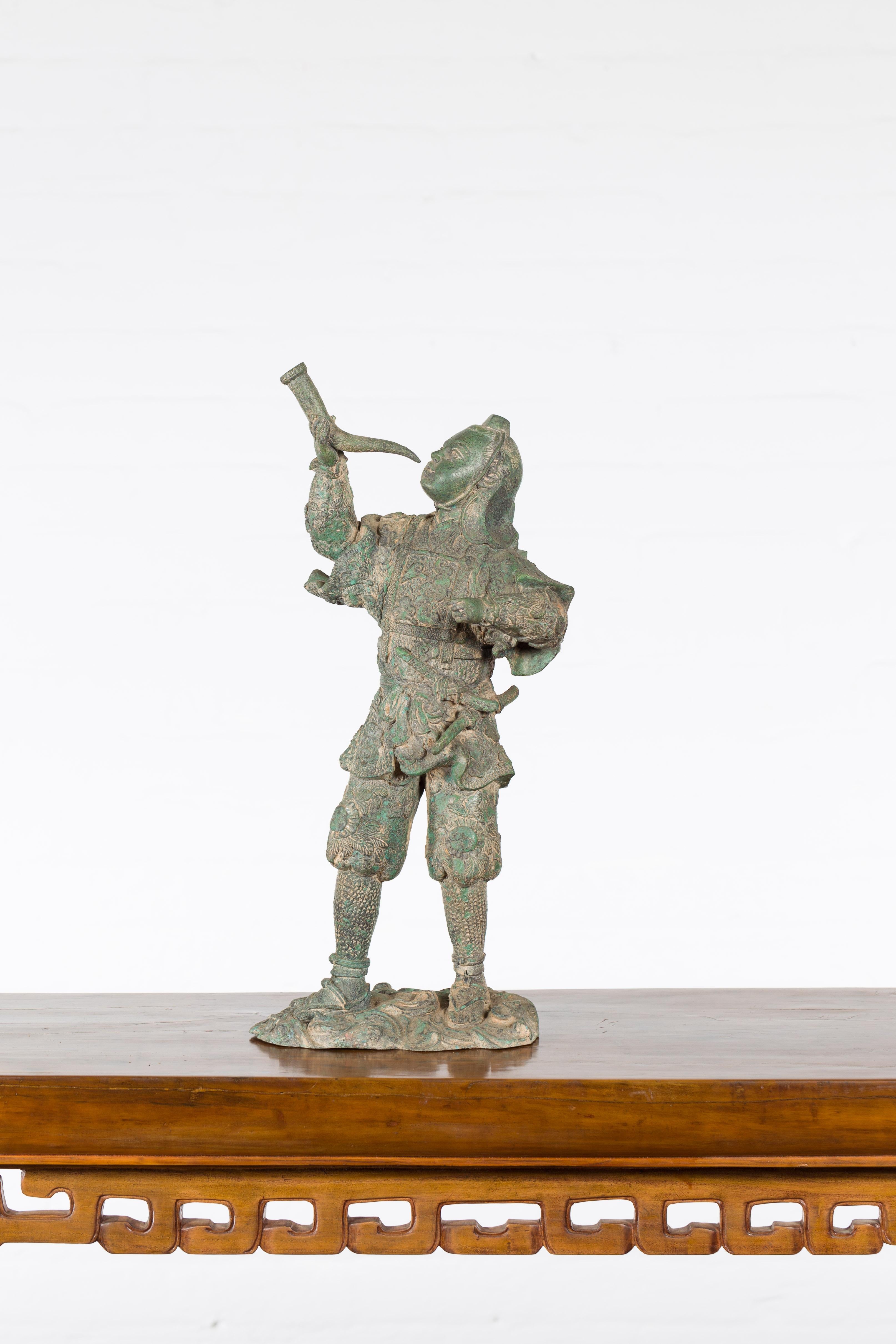 20th Century Vintage Lost Wax Cast Verde Bronze Statuette of a Soldier Holding a Horn For Sale