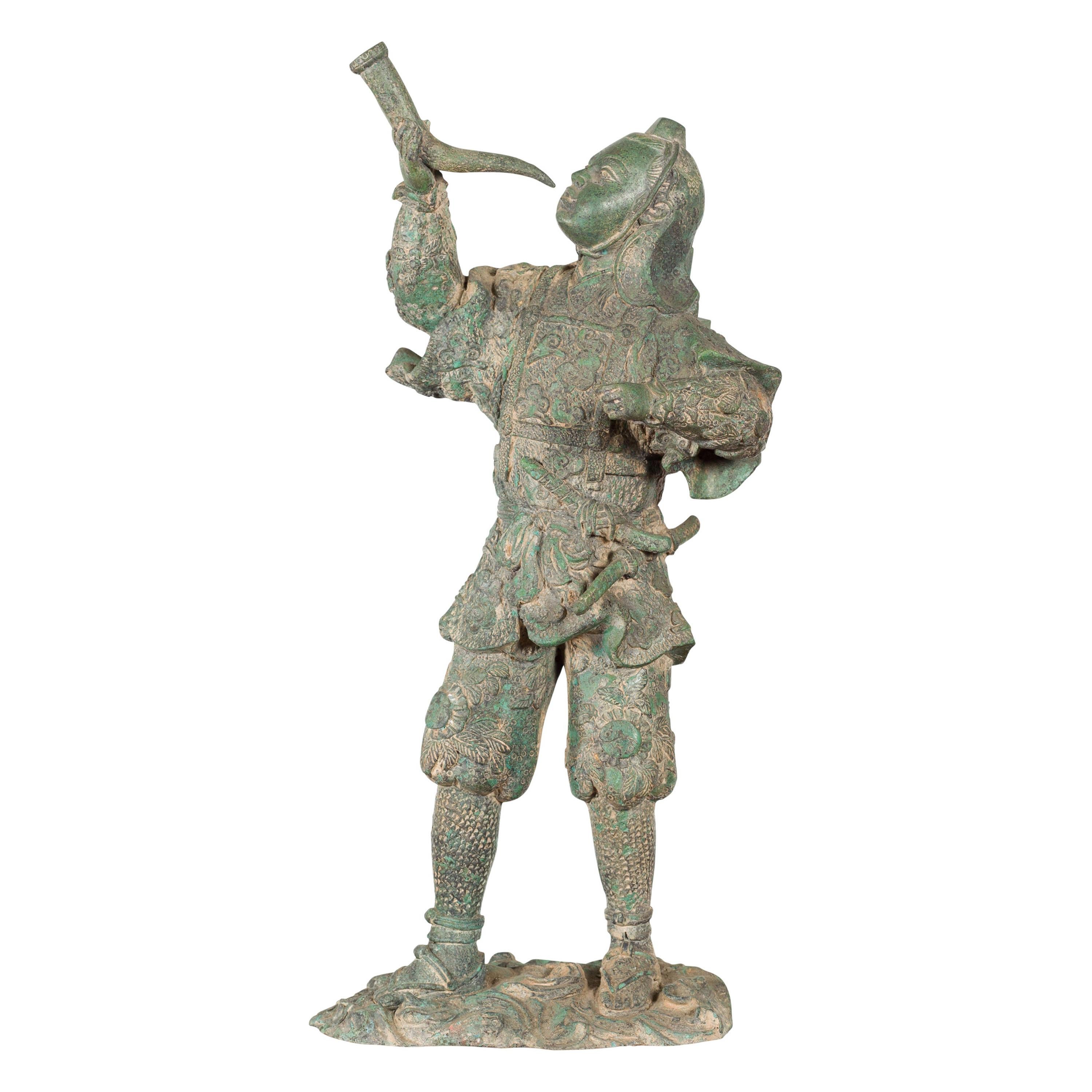 Vintage Lost Wax Cast Verde Bronze Statuette of a Soldier Holding a Horn For Sale