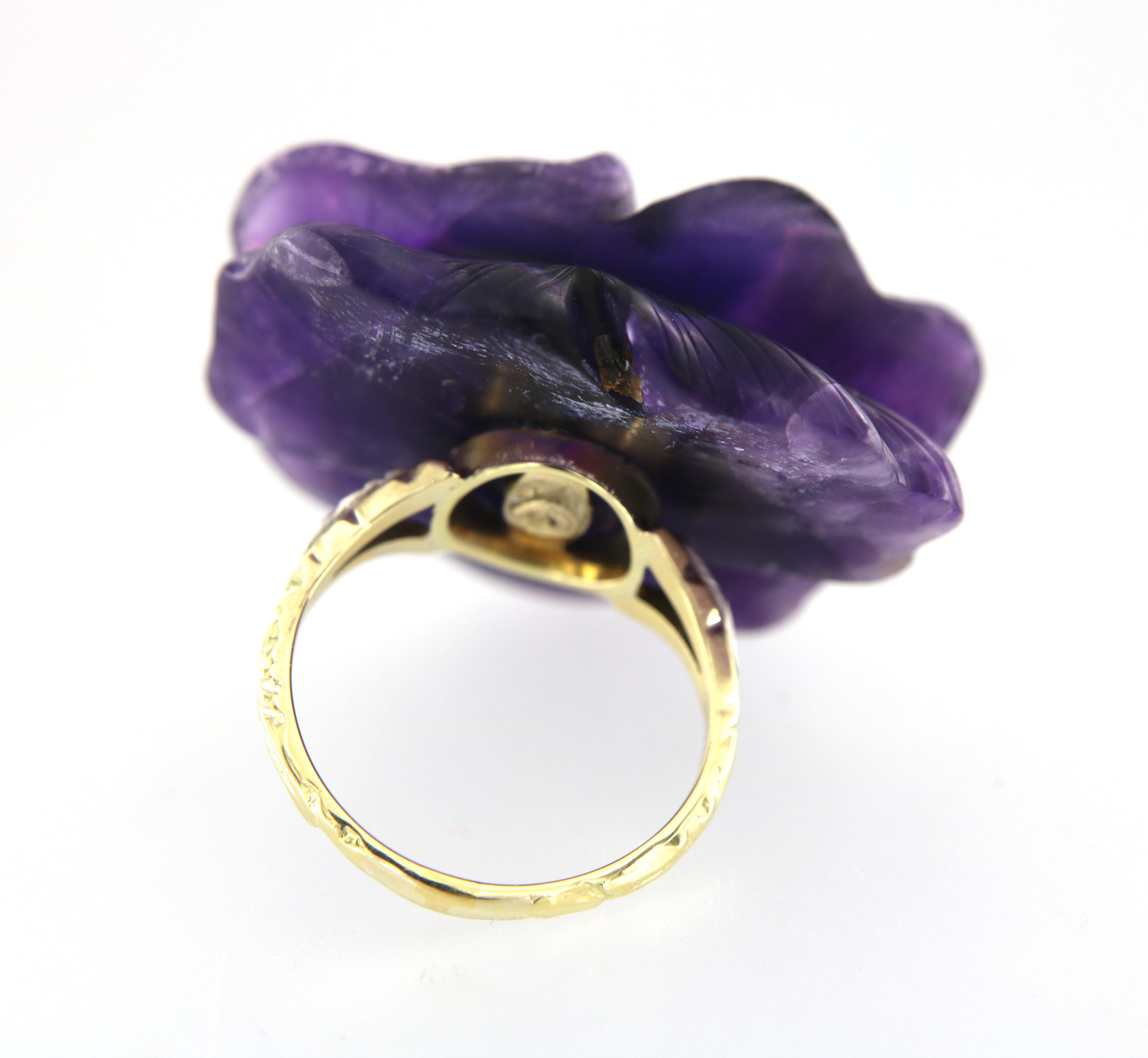 Women's Vintage Lotus Flower Amethyst and Diamond Ring, 14 Karat Gold