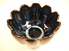 Vintage Lotus Form Ceramic Bowl, Blue Flambe Glaze, China, Late 20th Century