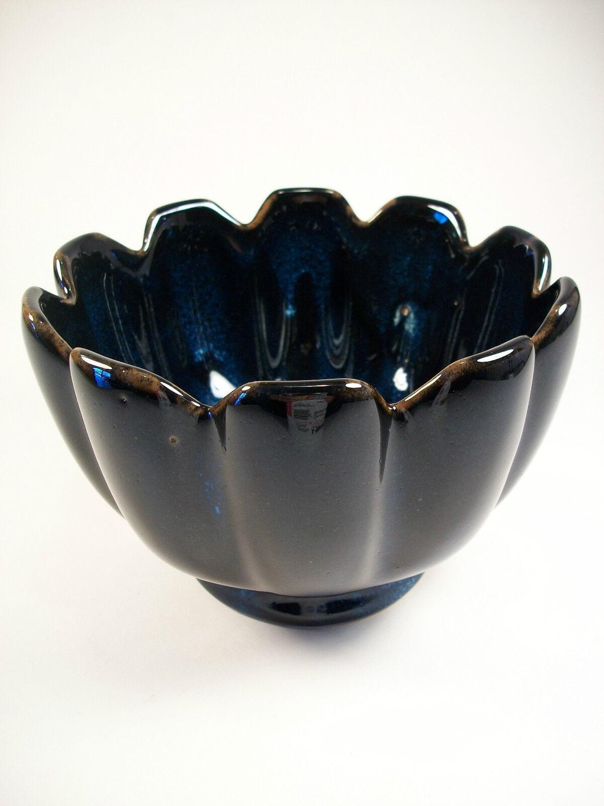 Glazed Vintage Lotus Form Ceramic Bowl, Blue Flambe Glaze, China, Late 20th Century For Sale