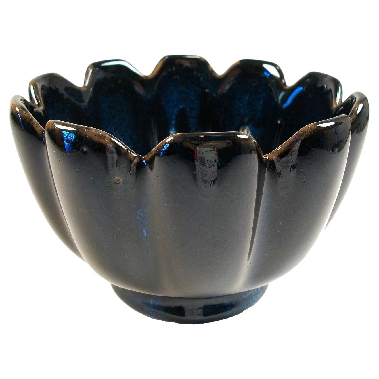 Vintage Lotus Form Ceramic Bowl, Blue Flambe Glaze, China, Late 20th Century For Sale