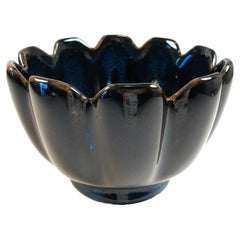 Vintage Lotus Form Ceramic Bowl - Blue Flambe Glaze - China - Late 20th Century