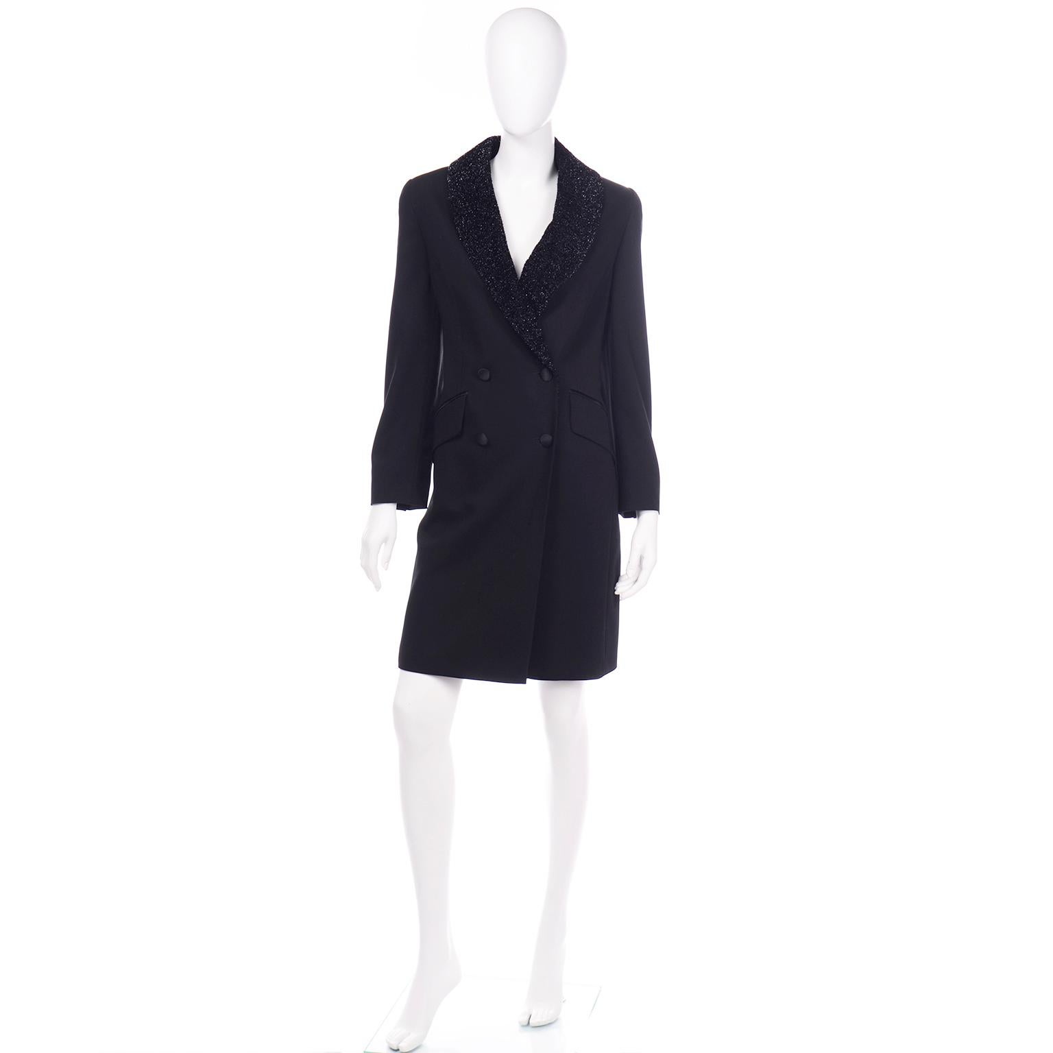 This stunning vintage Louis Féraud evening coat is so much more beautiful in person! It's hard to capture this gorgeous piece in photographs, especially since it is black, which is always difficult! This  is a blazer style long black wool coat with