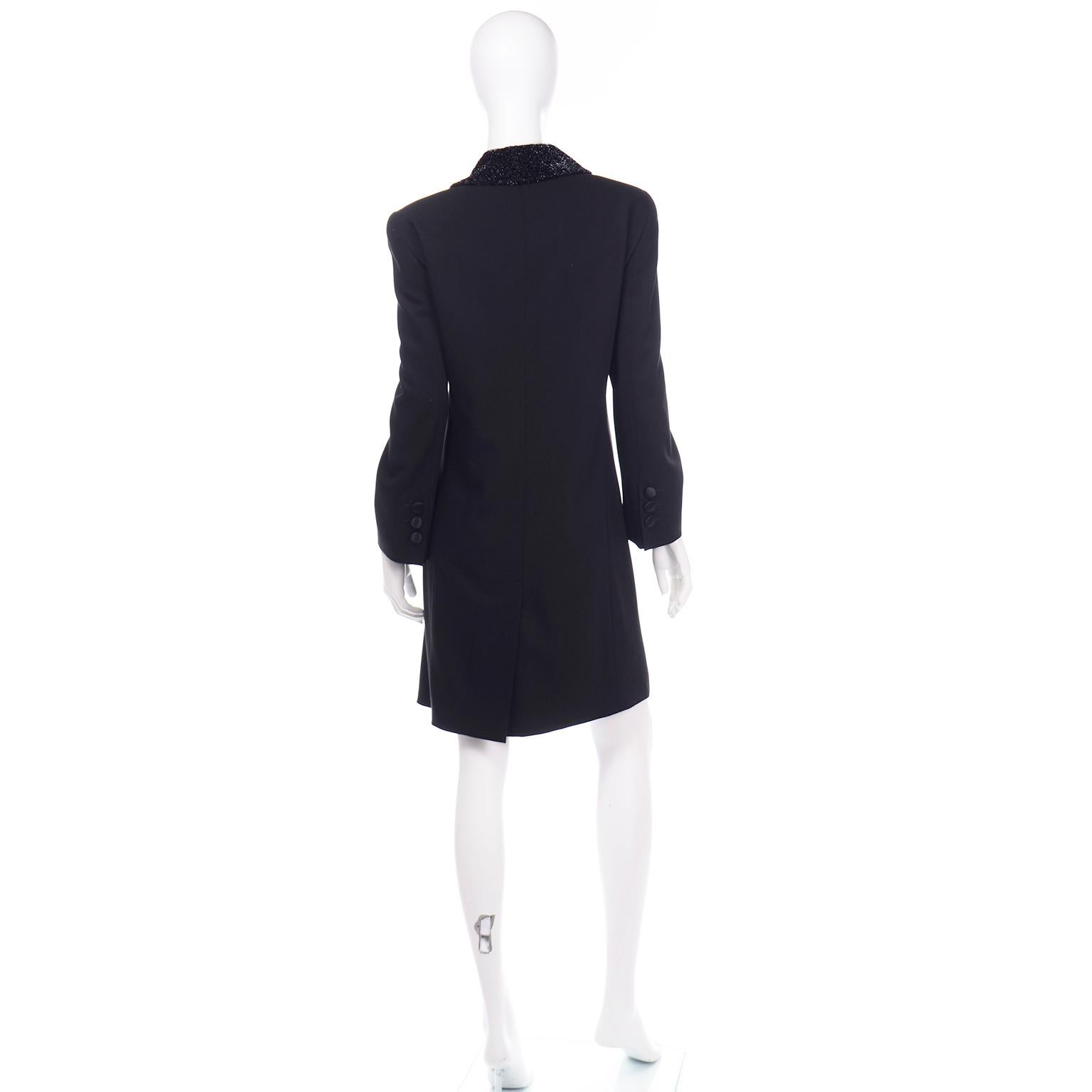 Vintage Louis Feraud Black Blazer Style Evening Coat w Sparkle Fuzzy Lapels In Excellent Condition In Portland, OR