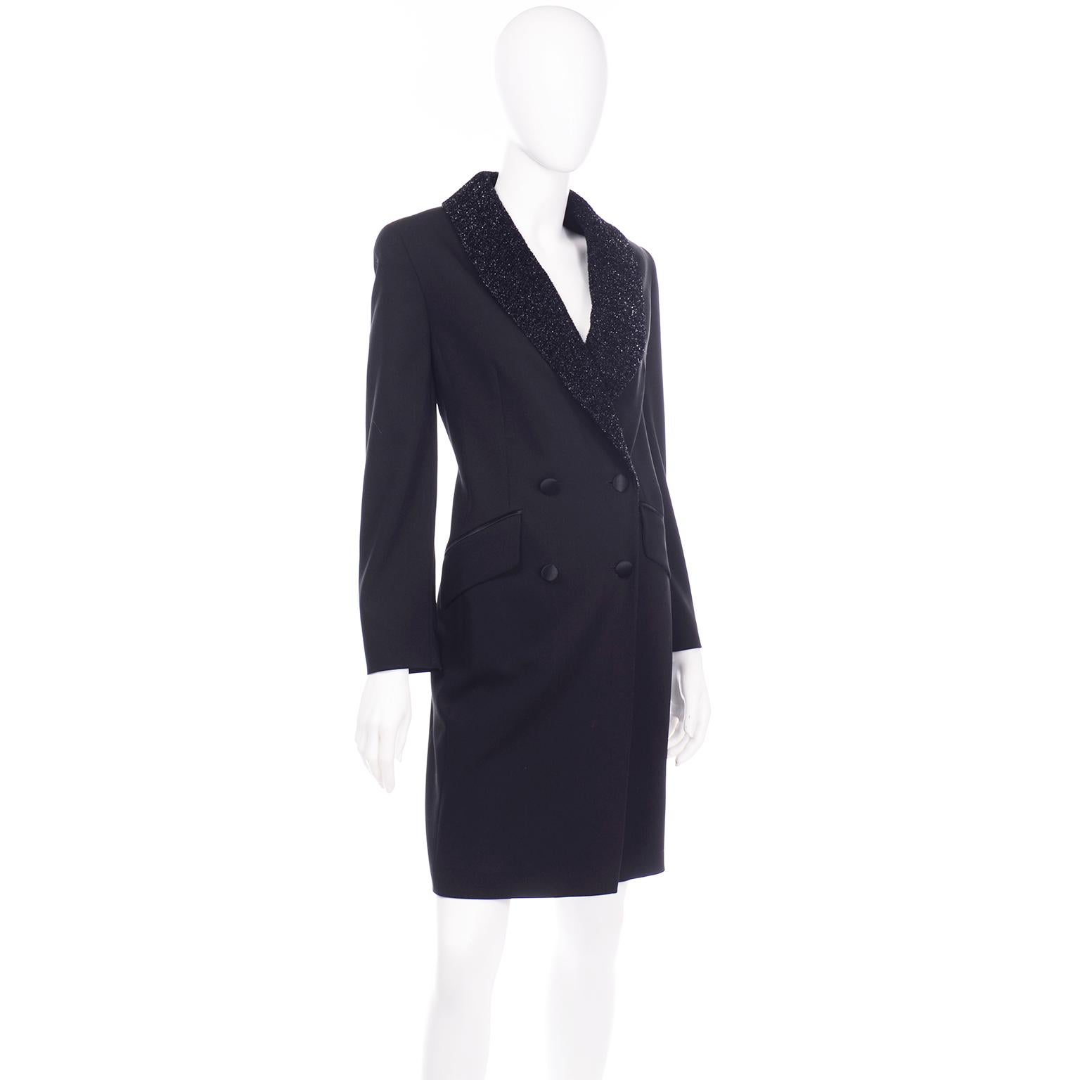 Women's Vintage Louis Feraud Black Blazer Style Evening Coat w Sparkle Fuzzy Lapels