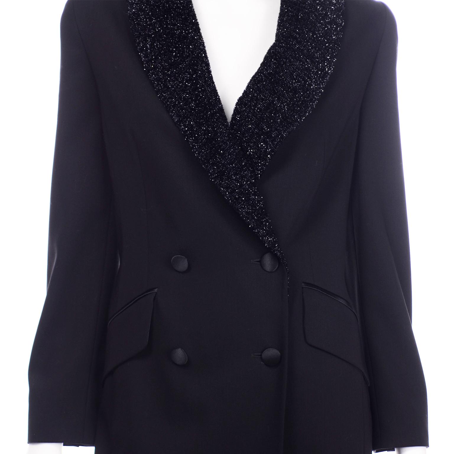 Vintage Louis Feraud Black Blazer Style Evening Coat w Sparkle Fuzzy Lapels 1