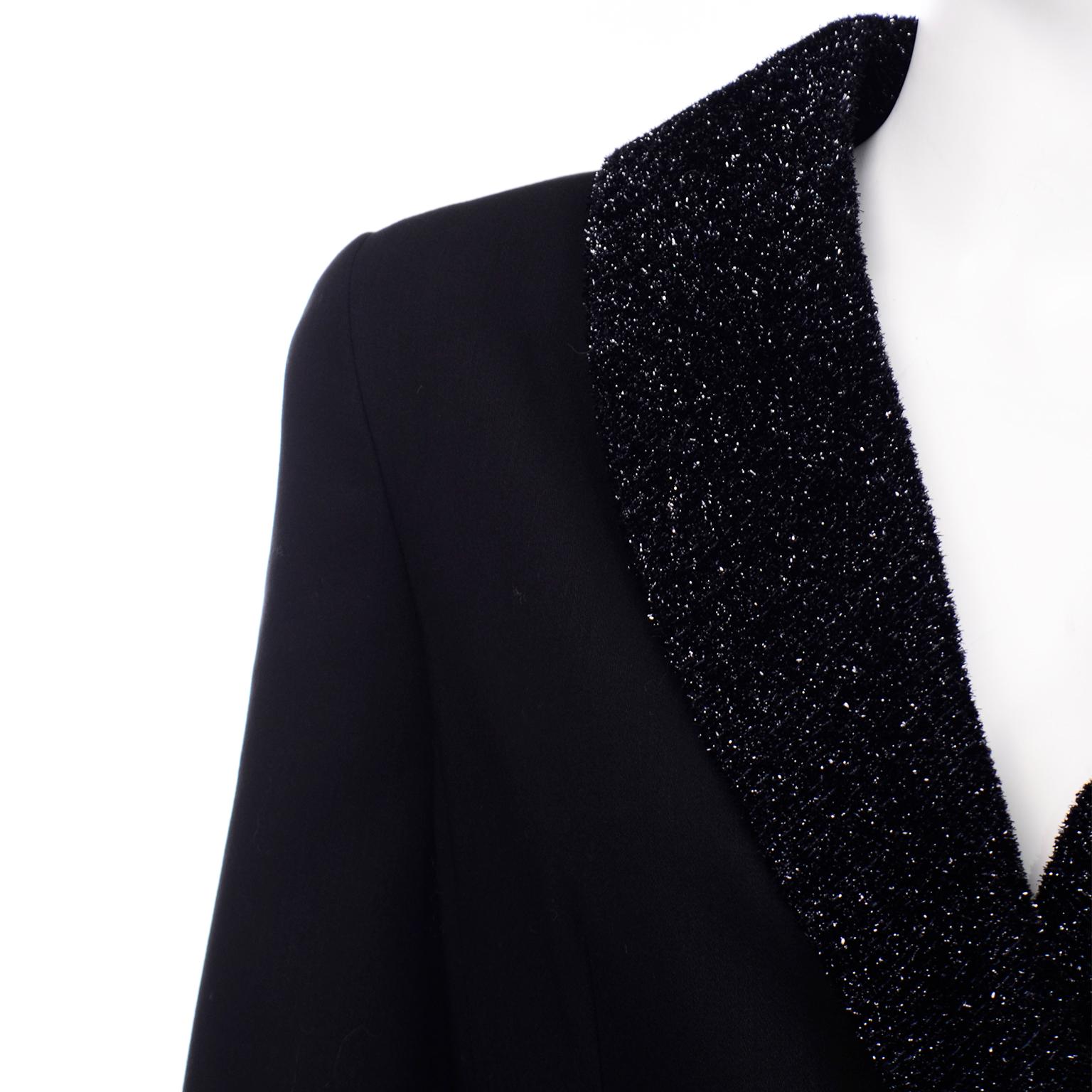 Vintage Louis Feraud Black Blazer Style Evening Coat w Sparkle Fuzzy Lapels 2