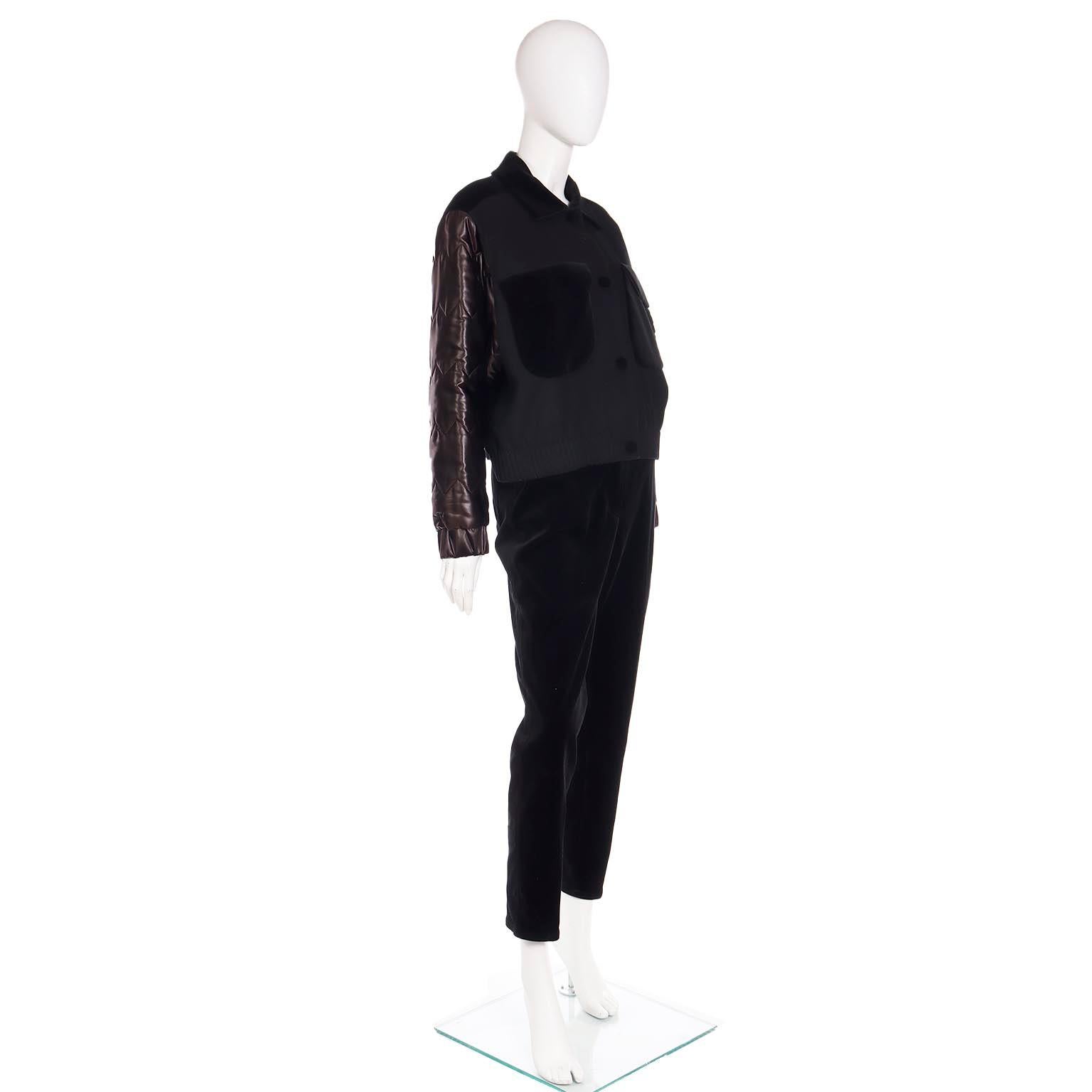 Vintage Louis Feraud Black Bomber Jacket w Quilted Satin Sleeves & Pants Outfit In Excellent Condition For Sale In Portland, OR