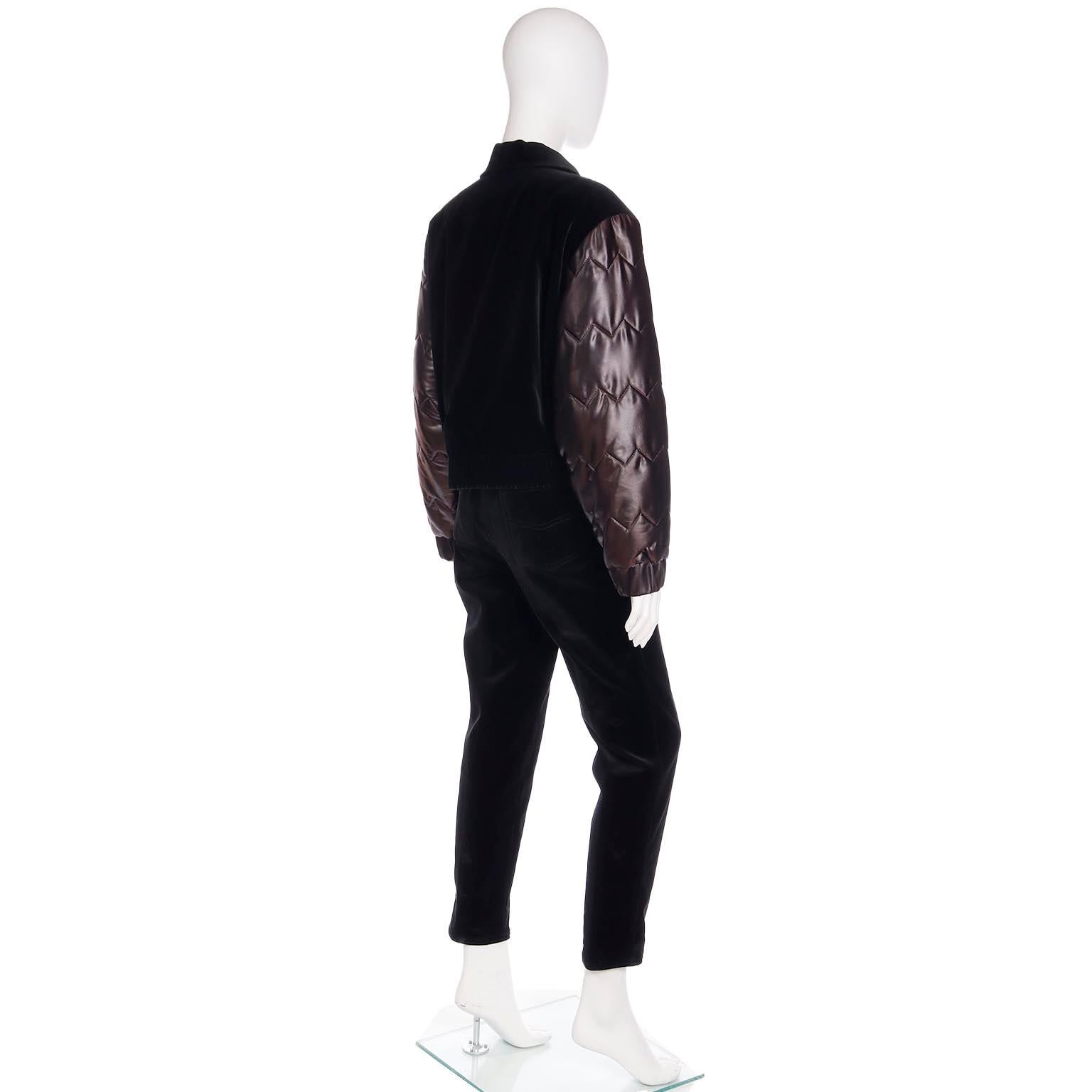 Women's Vintage Louis Feraud Black Bomber Jacket w Quilted Satin Sleeves & Pants Outfit For Sale