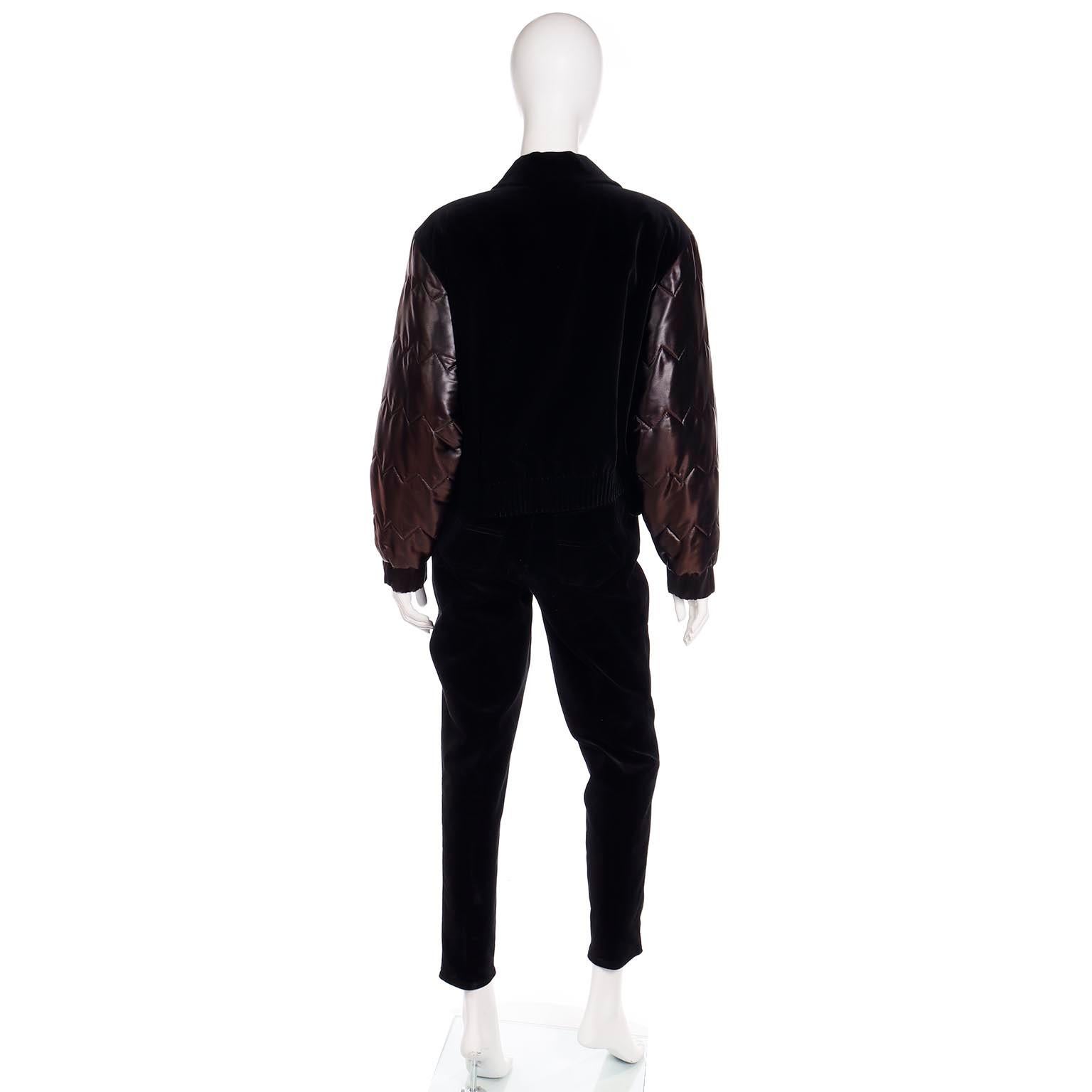 Vintage Louis Feraud Black Bomber Jacket w Quilted Satin Sleeves & Pants Outfit For Sale 1