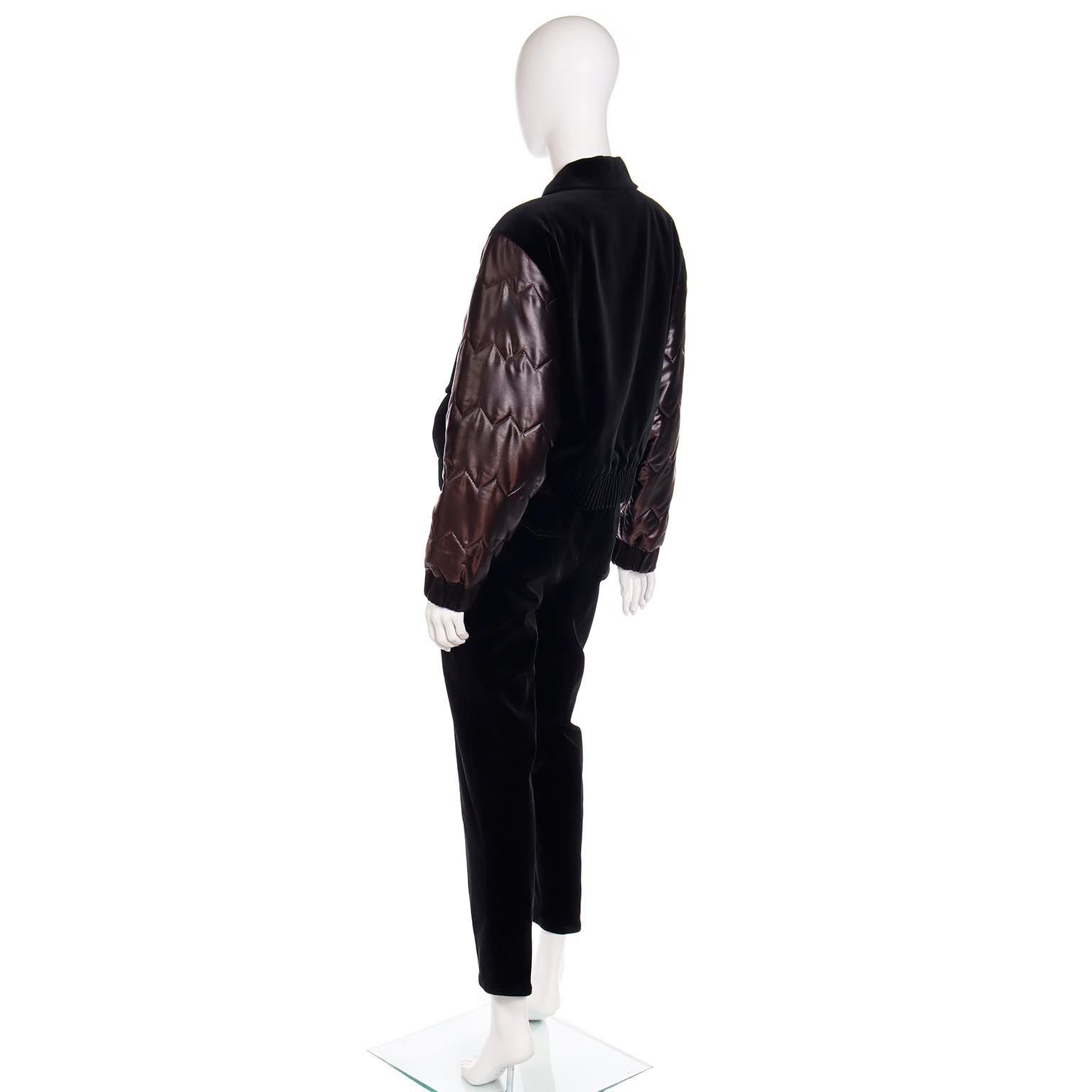 Vintage Louis Feraud Black Bomber Jacket w Quilted Satin Sleeves & Pants Outfit For Sale 2