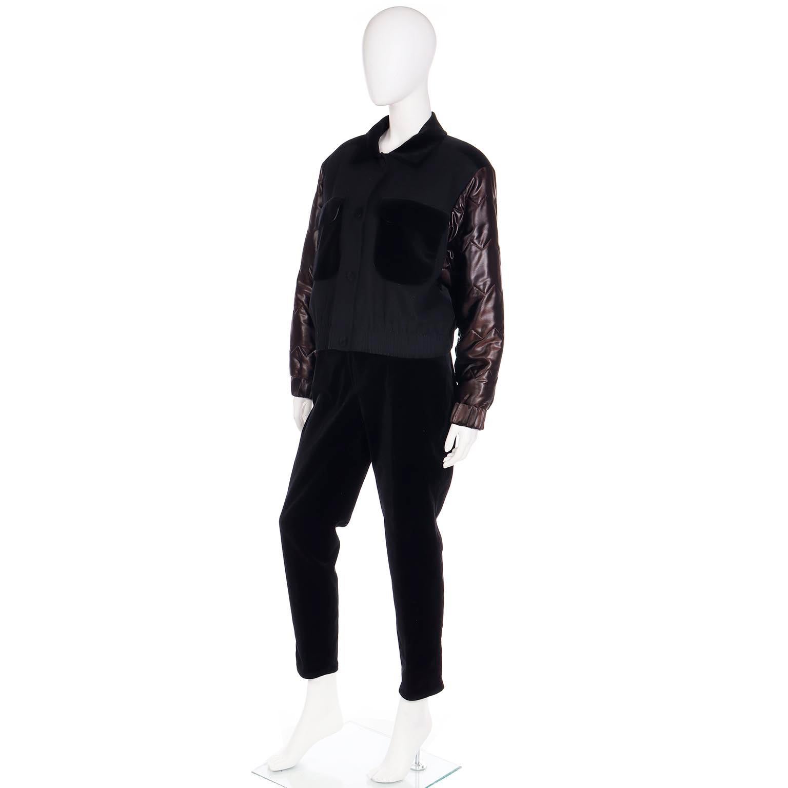 Vintage Louis Feraud Black Bomber Jacket w Quilted Satin Sleeves & Pants Outfit For Sale 3