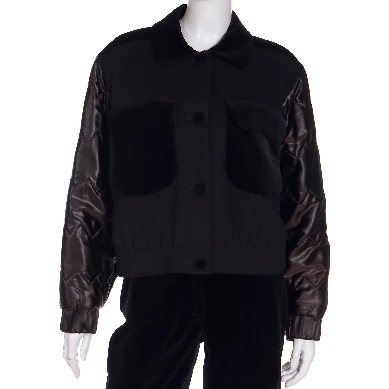 Vintage Louis Feraud Black Bomber Jacket w Quilted Satin Sleeves & Pants Outfit For Sale 4