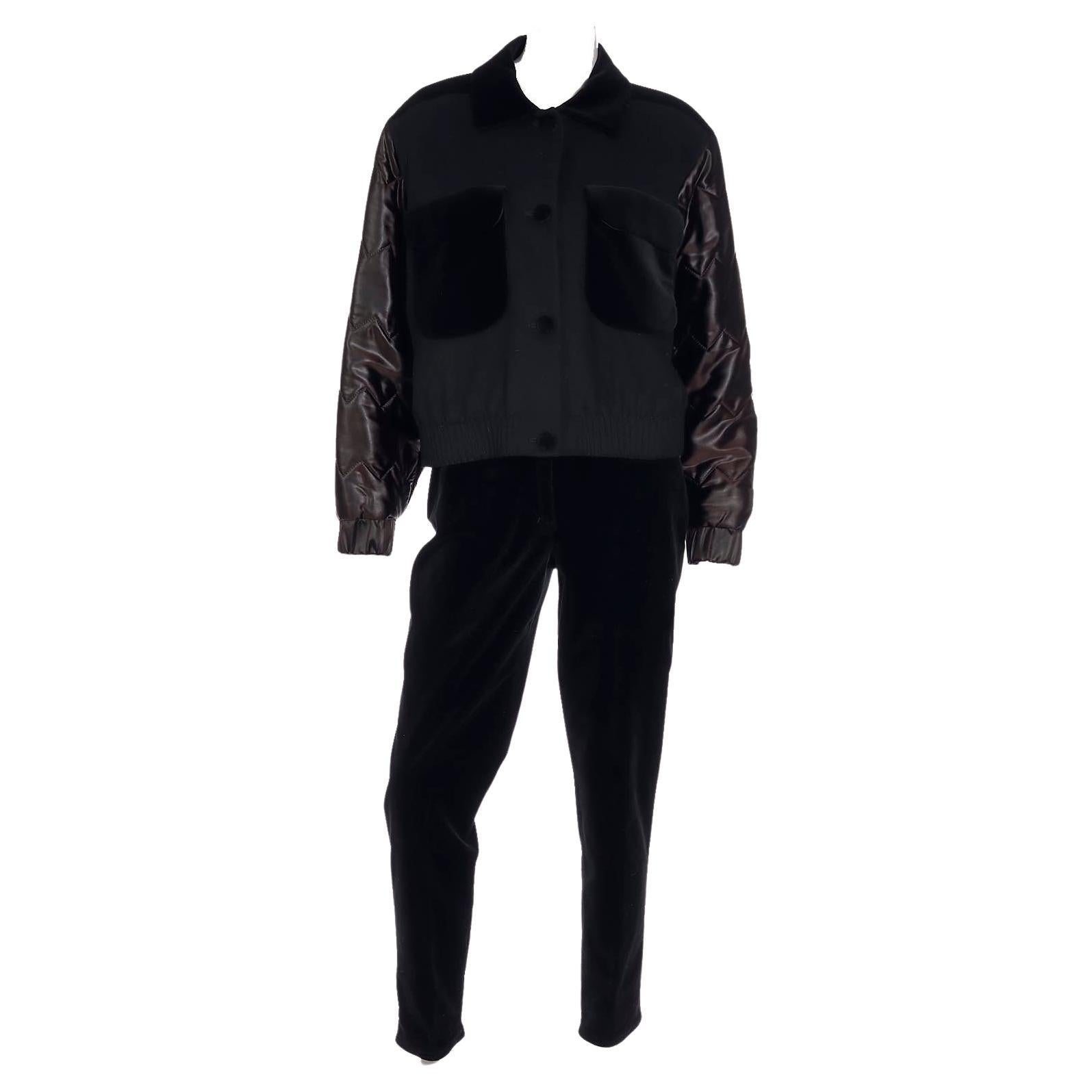 Vintage Louis Feraud Black Bomber Jacket w Quilted Satin Sleeves & Pants Outfit For Sale