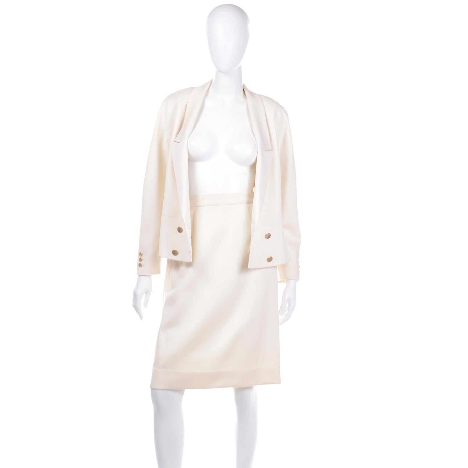 White Vintage Louis Feraud Cream Jacket and Skirt Suit 1980s For Sale