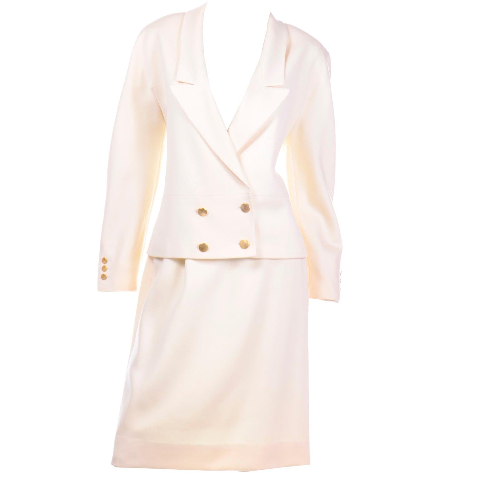 Vintage Louis Feraud Cream Jacket and Skirt Suit 1980s For Sale