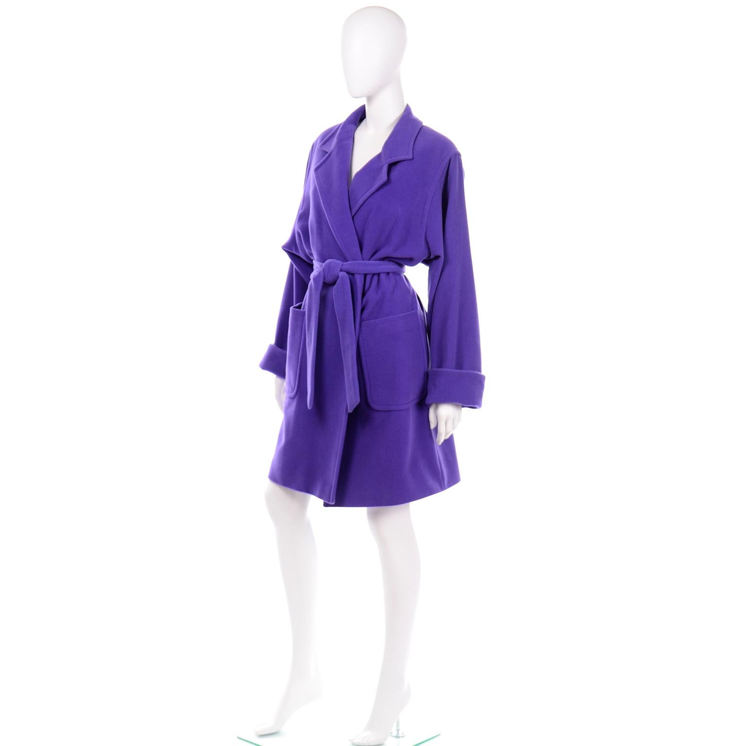 Vintage Louis Feraud Deep Purple Angora and Wool Trench Style Coat With Belt In Excellent Condition In Portland, OR