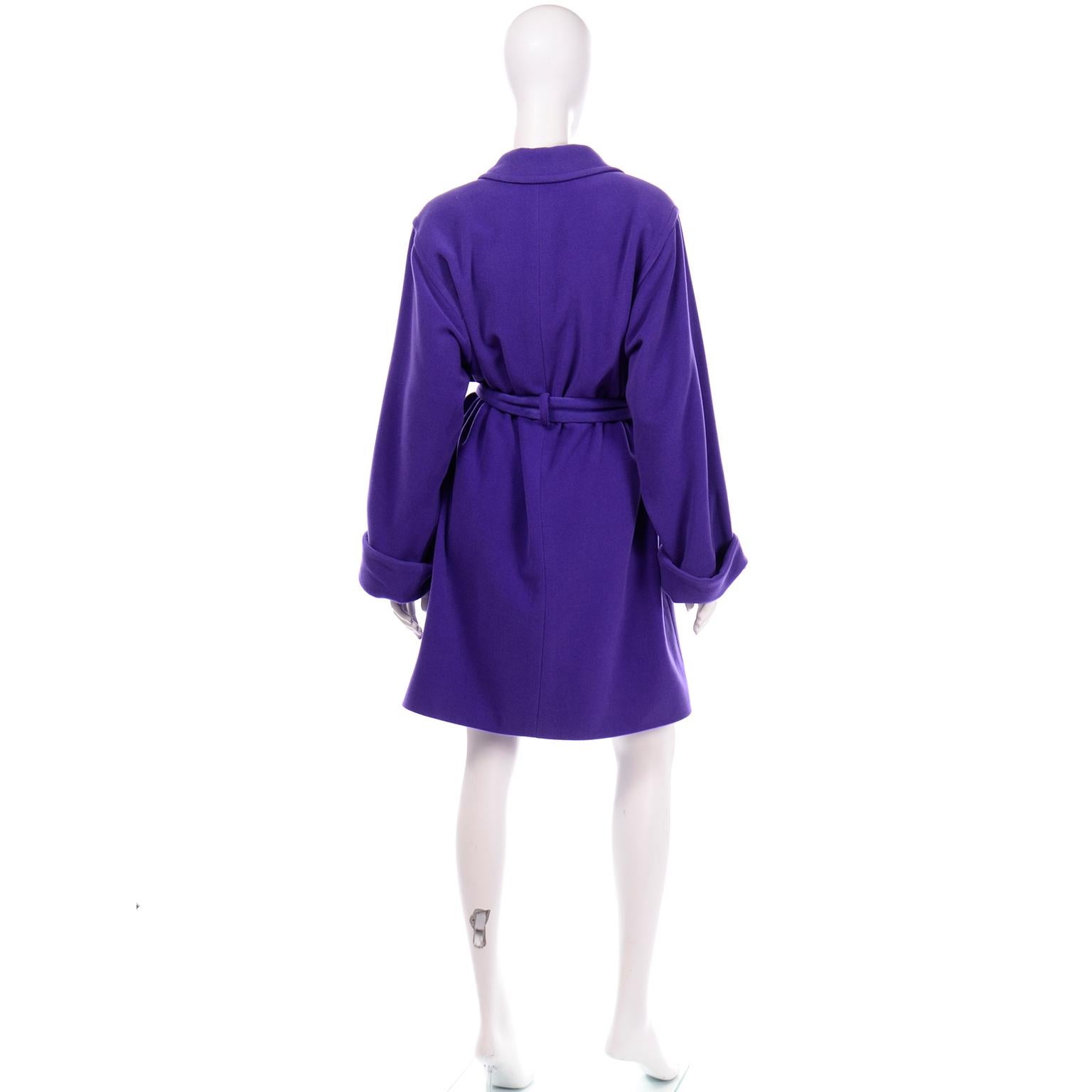 Women's Vintage Louis Feraud Deep Purple Angora and Wool Trench Style Coat With Belt