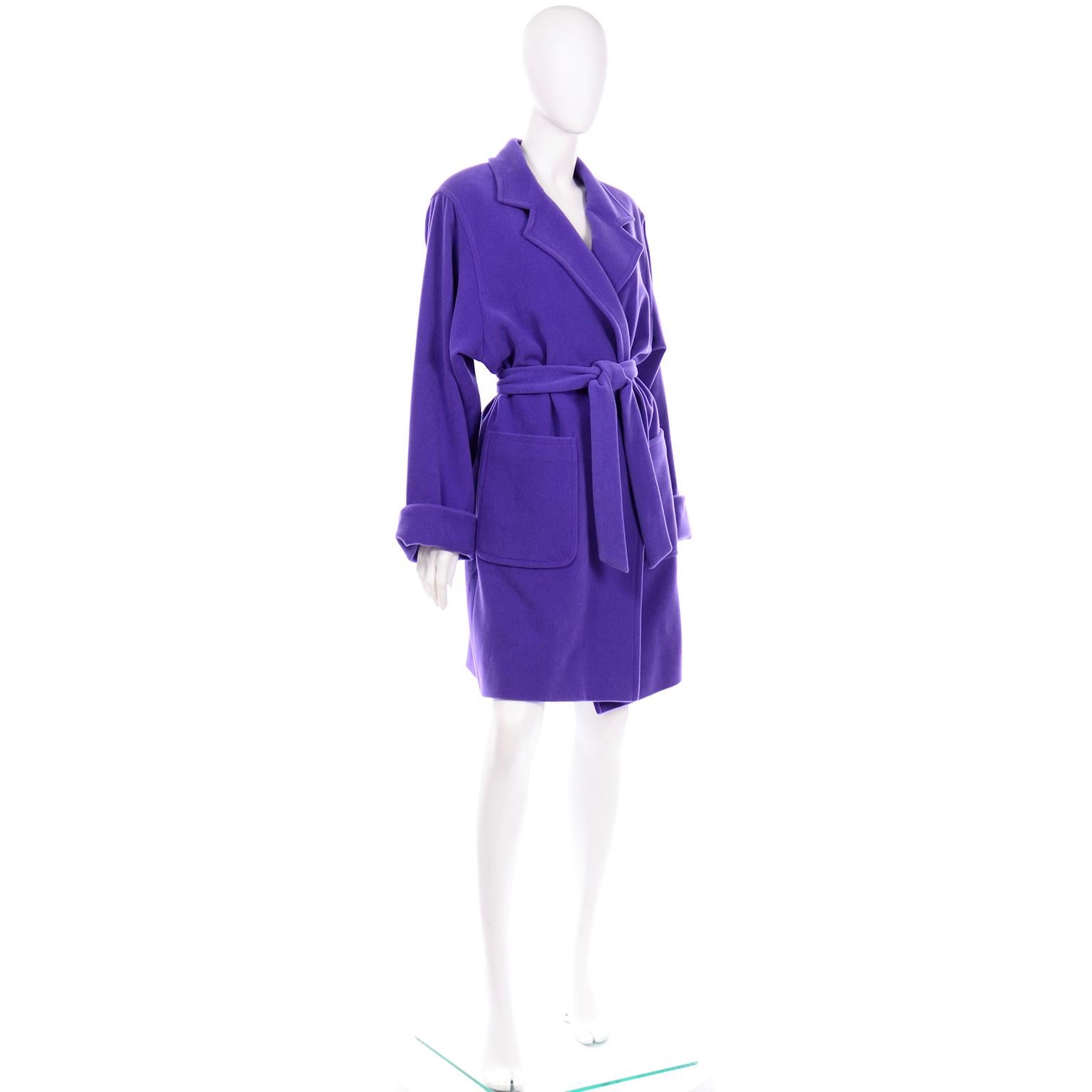 Vintage Louis Feraud Deep Purple Angora and Wool Trench Style Coat With Belt 1
