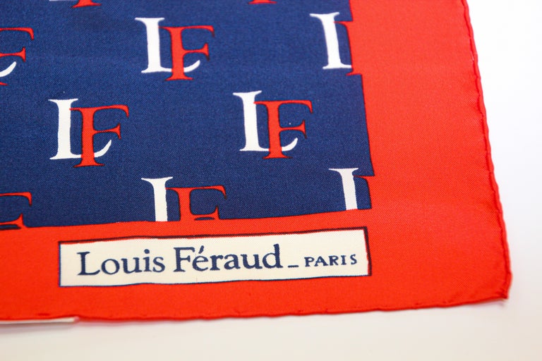 French Vintage Louis Feraud Paris Silk Scarf Red Blue and White For Sale