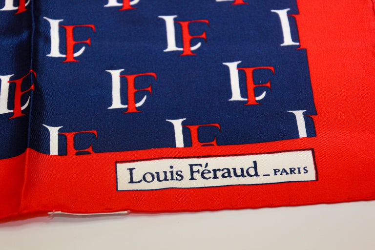 Hand-Crafted Vintage Louis Feraud Paris Silk Scarf Red Blue and White For Sale