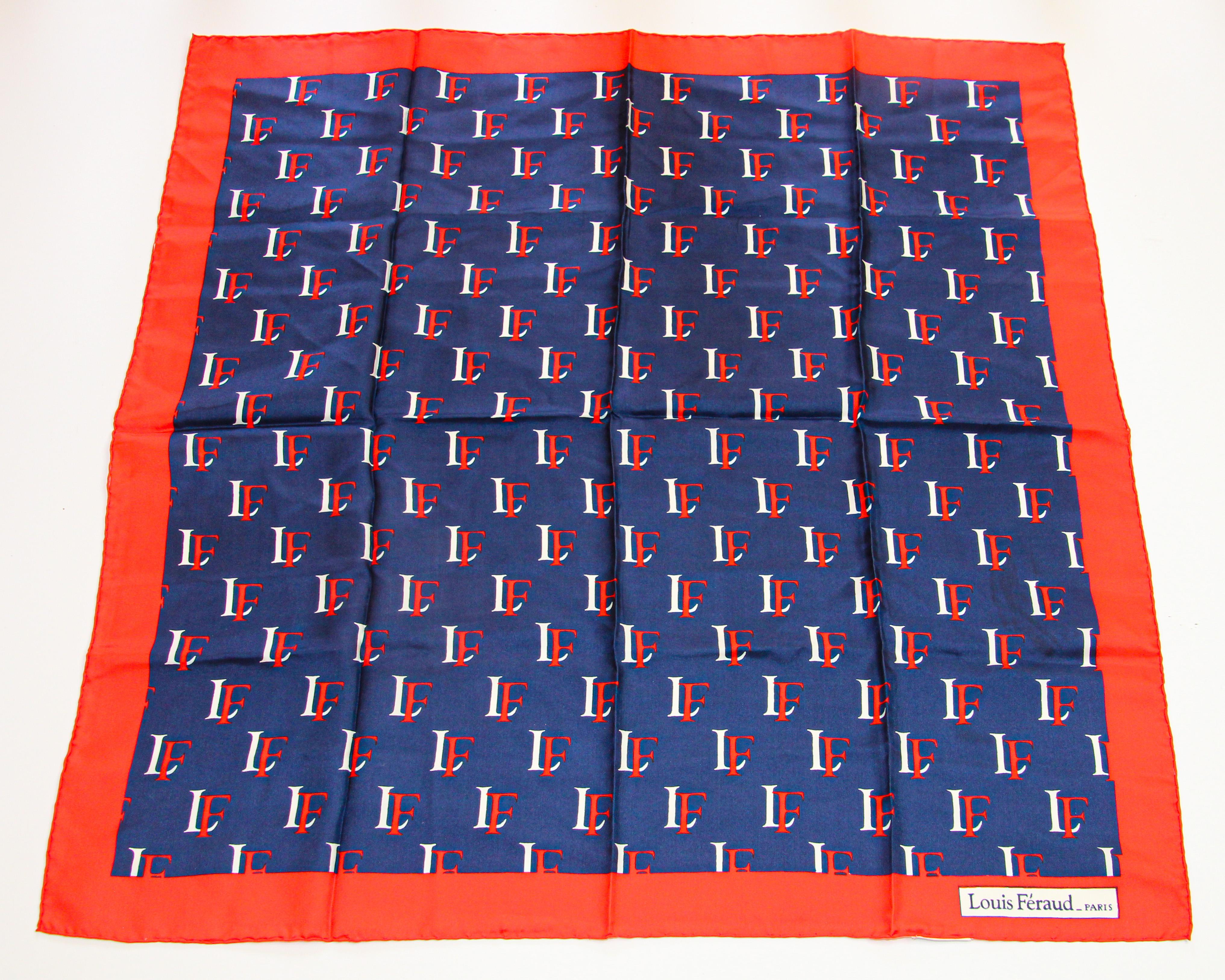 Vintage Louis Feraud Paris Silk Scarf Red Blue and White In Good Condition For Sale In North Hollywood, CA