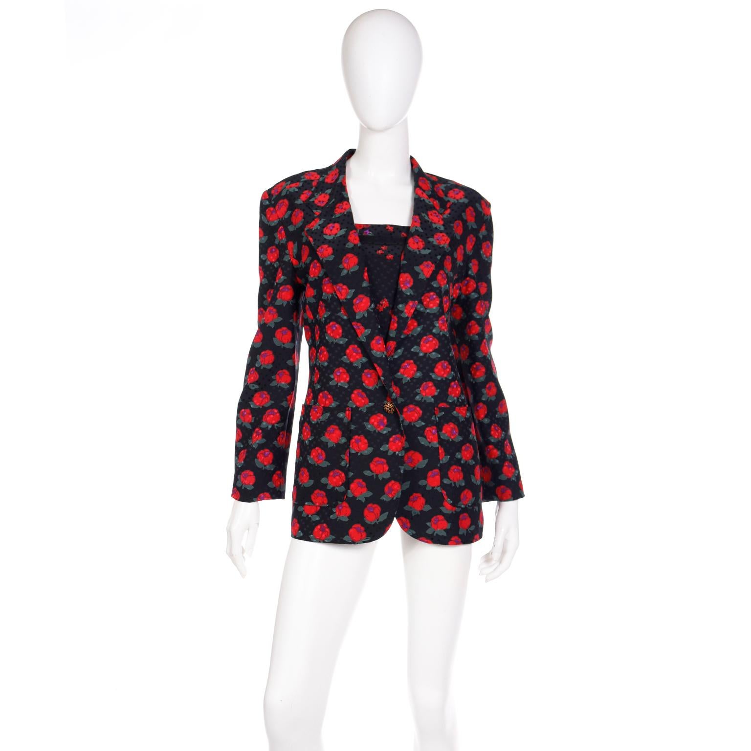 Vintage Louis Feraud  Silk Black and Red Rose Print Jacket and Camisole Top  In Excellent Condition For Sale In Portland, OR
