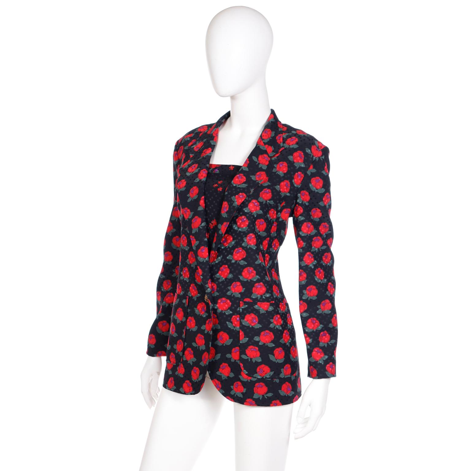 Women's Vintage Louis Feraud  Silk Black and Red Rose Print Jacket and Camisole Top  For Sale