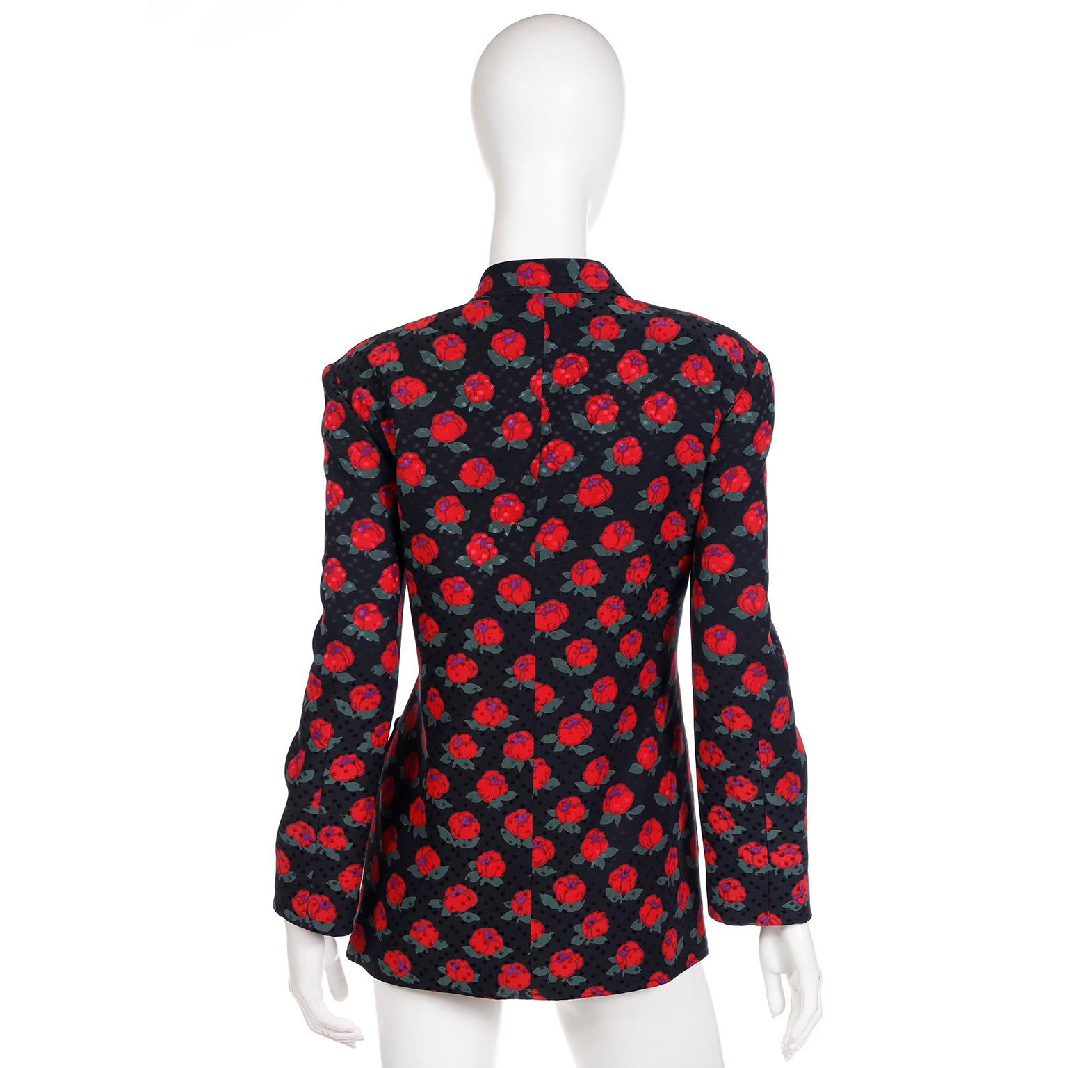 Vintage Louis Feraud  Silk Black and Red Rose Print Jacket and Camisole Top  For Sale 1