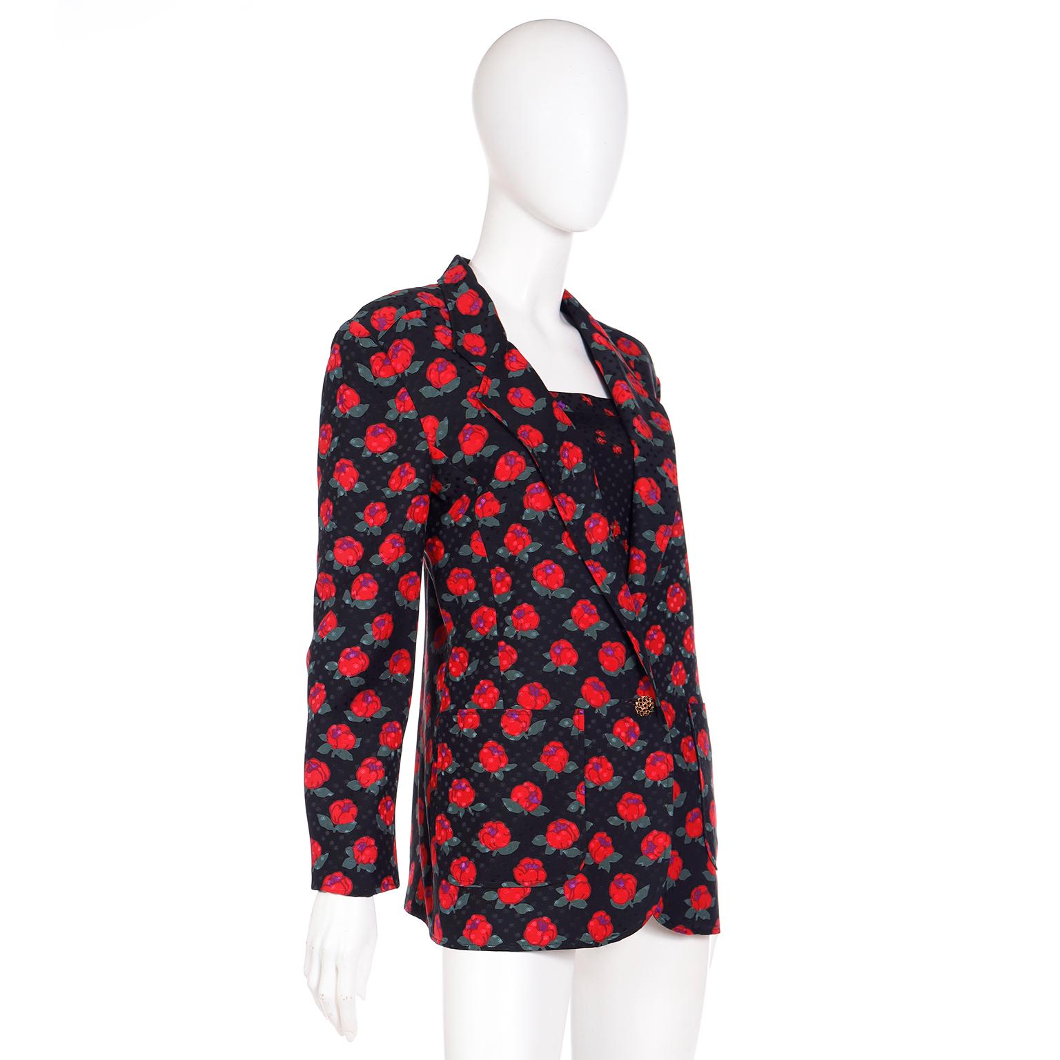 Vintage Louis Feraud  Silk Black and Red Rose Print Jacket and Camisole Top  For Sale 2