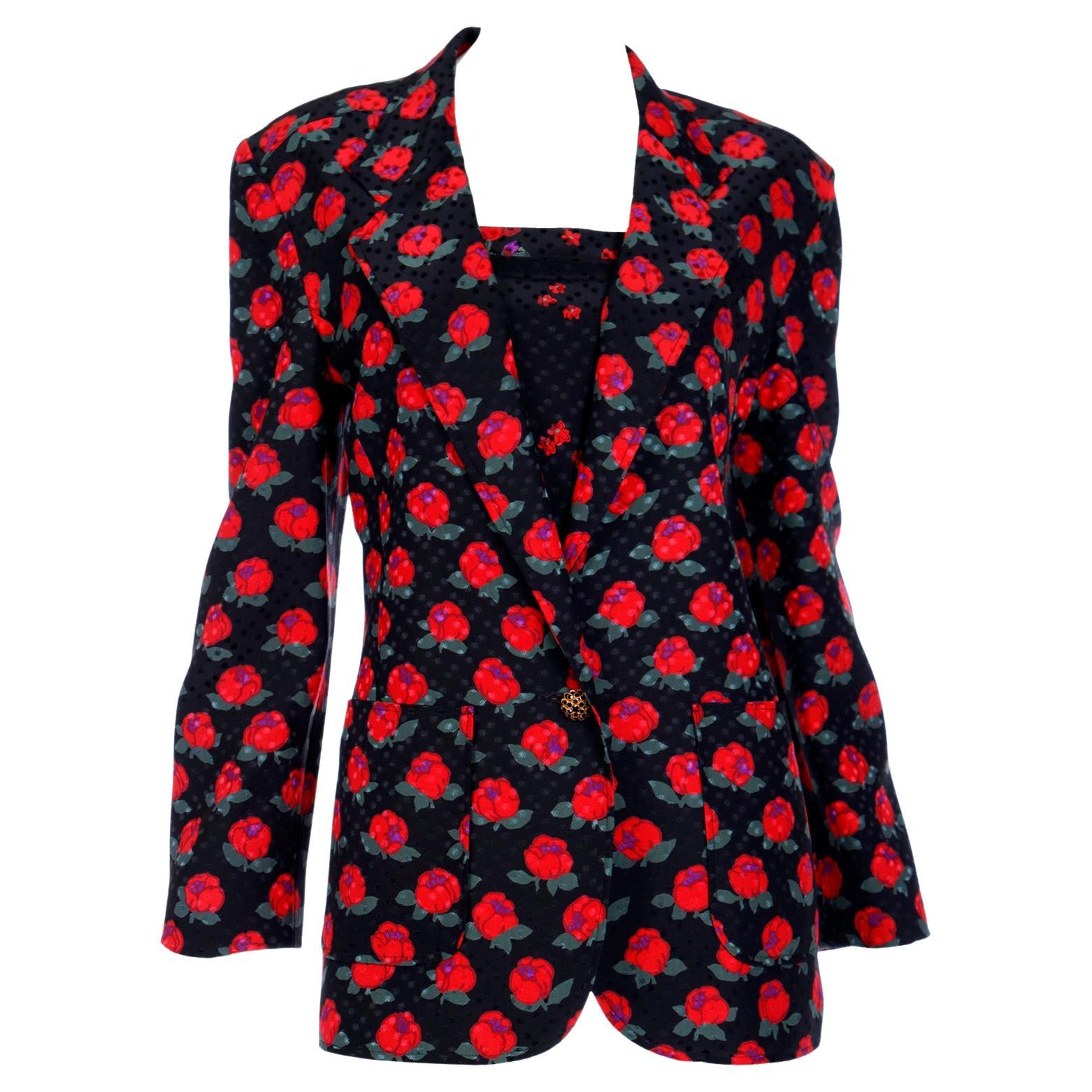 Vintage Louis Feraud  Silk Black and Red Rose Print Jacket and Camisole Top  For Sale