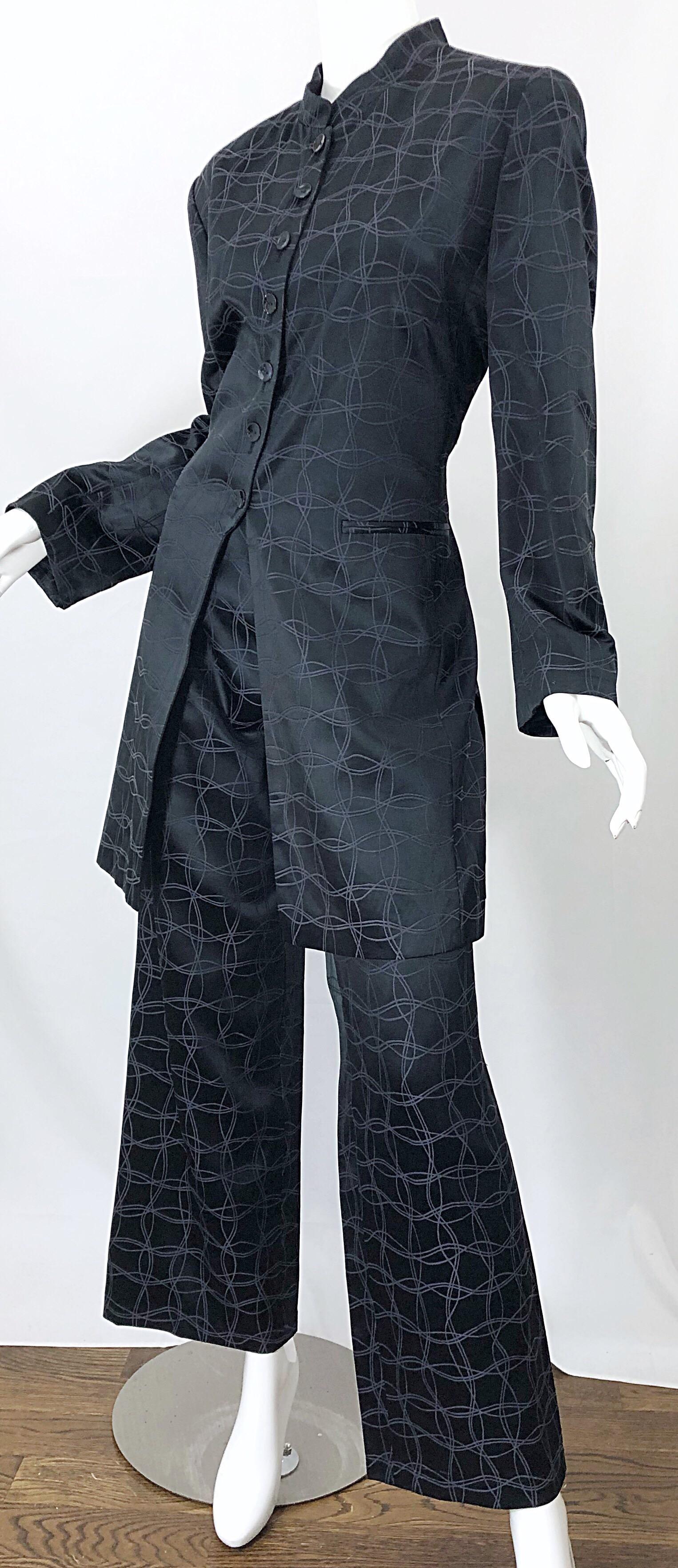 Women's Vintage Louis Feraud Size 14 Black Silk Wide Leg Long Jacket Pant Suit