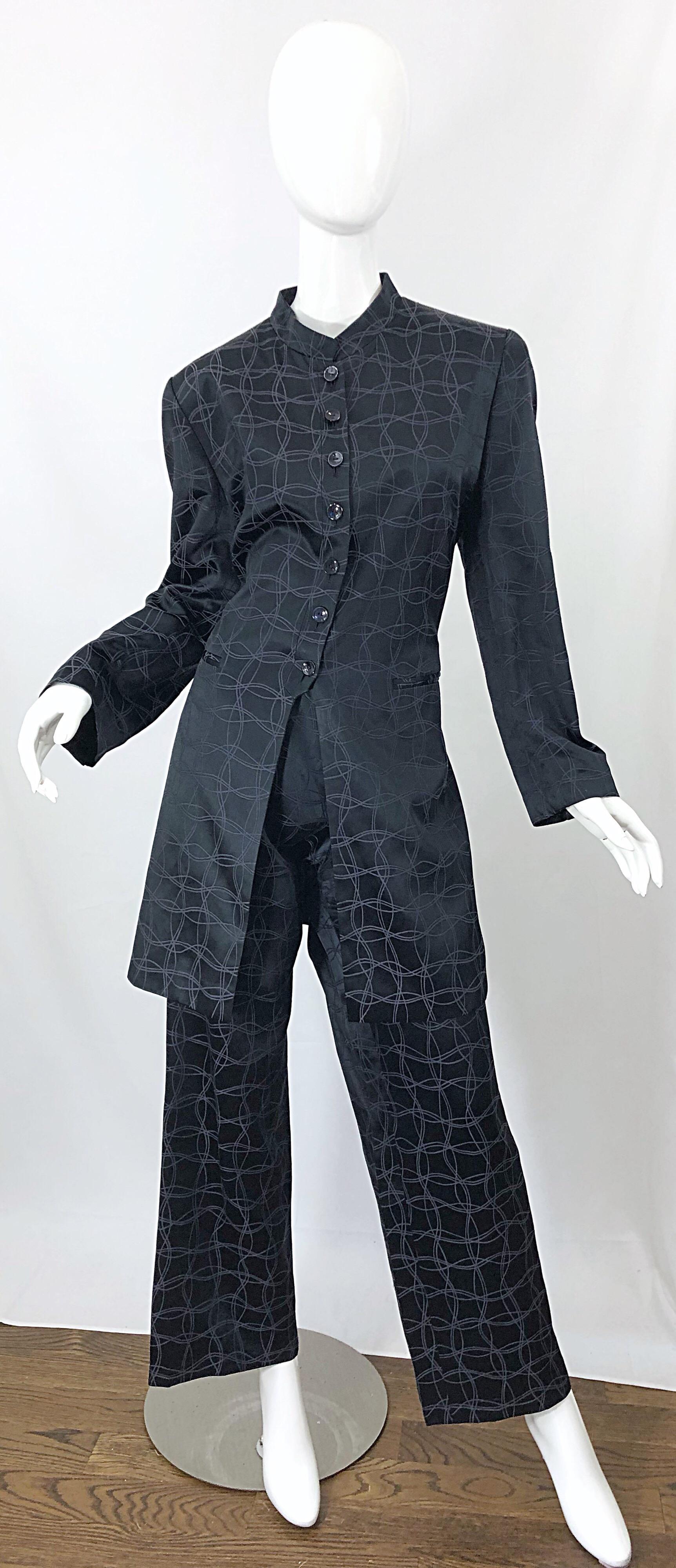 Vintage Louis Feraud Size 14 Black Silk Wide Leg Long Jacket Pant Suit 2
