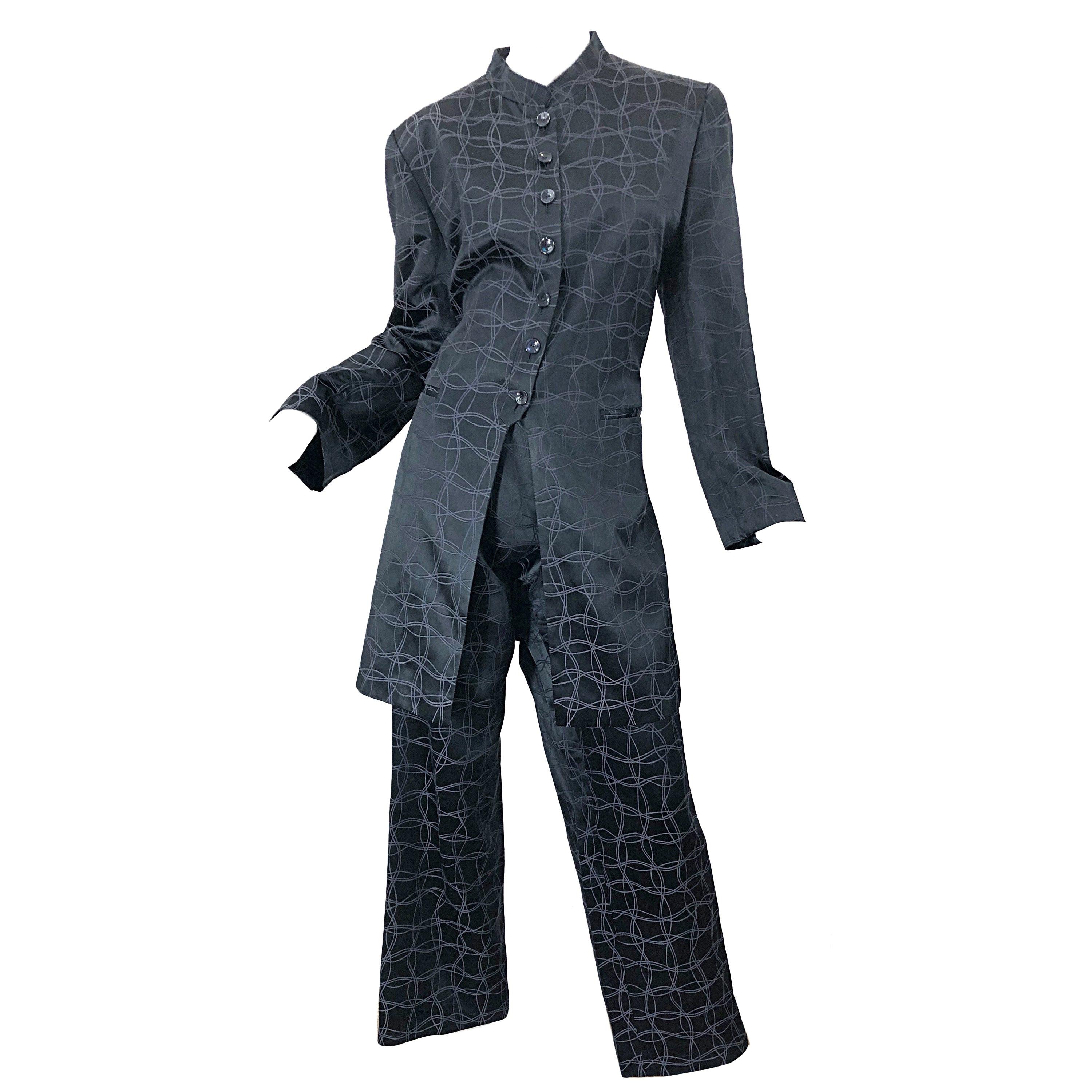 Vintage Louis Feraud Size 14 Black Silk Wide Leg Long Jacket Pant Suit