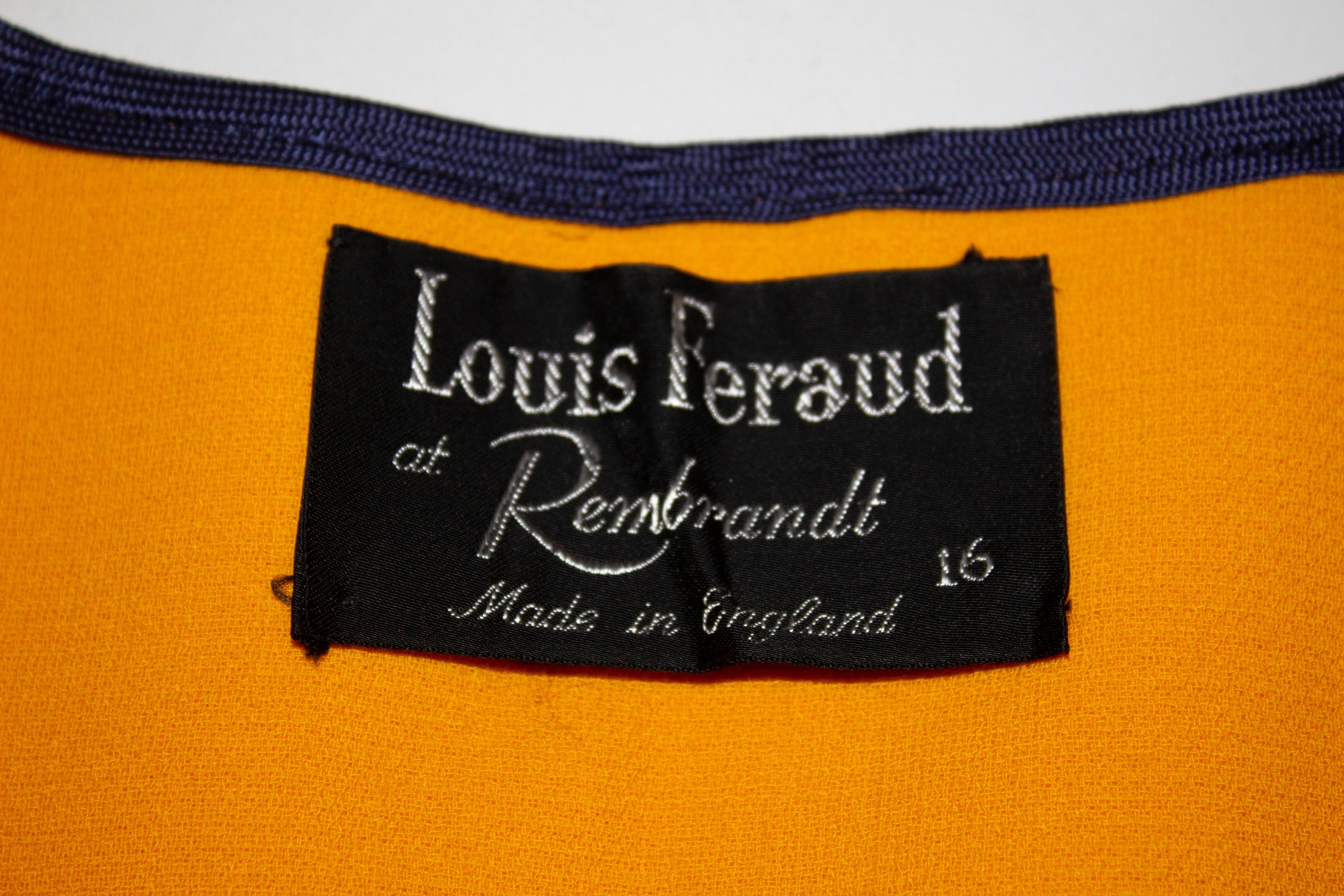 A chic and fun vintage skirt and matching waistcoat by Louis Feraud for Rembrant. In a bright yellow wool with blue trim , the Al line skirt has two large pockets on the front and is fully lined. 

Measurements: Skirt waist 29'',length 23'' plus hem